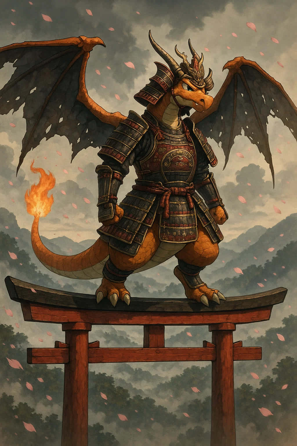 Charizard Pokemon HD Wallpaper WEBP 4K Background Download 壁紙 — 一隻火橙色的龍穿著精細的武士盔甲，威風凜凜地站在木製鳥居上，櫻花在霧氣瀰漫的山間天空中飄揚。