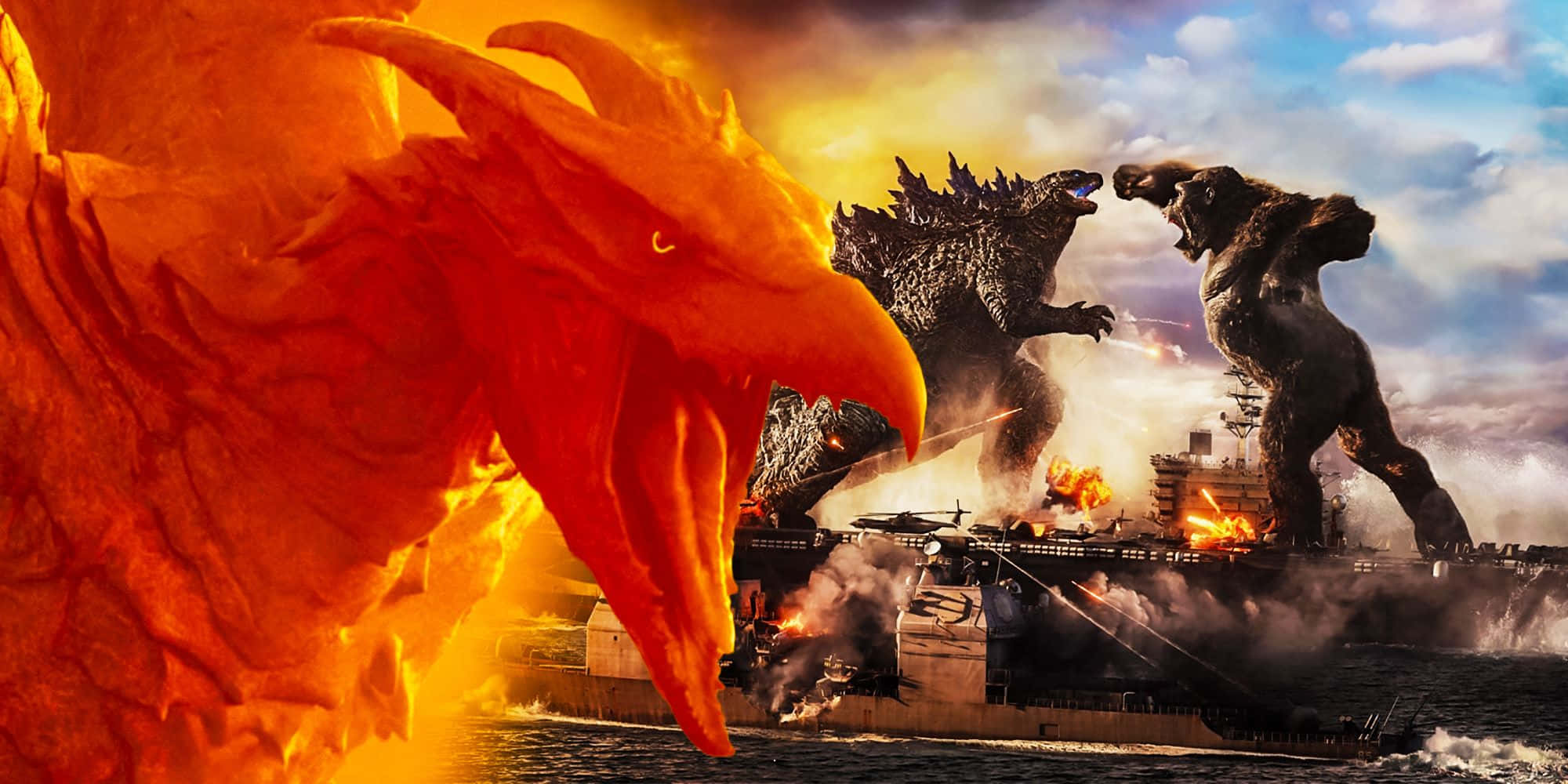 Godzilla Vs Rodan 桌布 壁紙 — 一隻火橙色的龍衝向正在燃燒的戰艦上戰鬥的哥吉拉和金剛，四周充滿爆炸混亂。