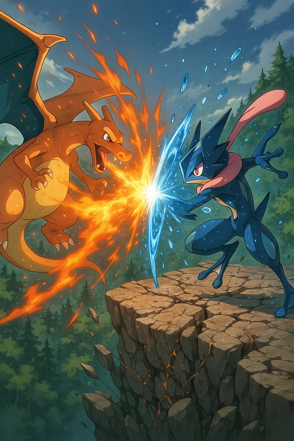 Charizard Pokemon HD Wallpaper WEBP 4K Background Download 壁紙 — 一隻火橙色龍和一隻藍色水屬性寶可夢在懸崖邊碰撞，爆炸性能量光束互相衝擊。