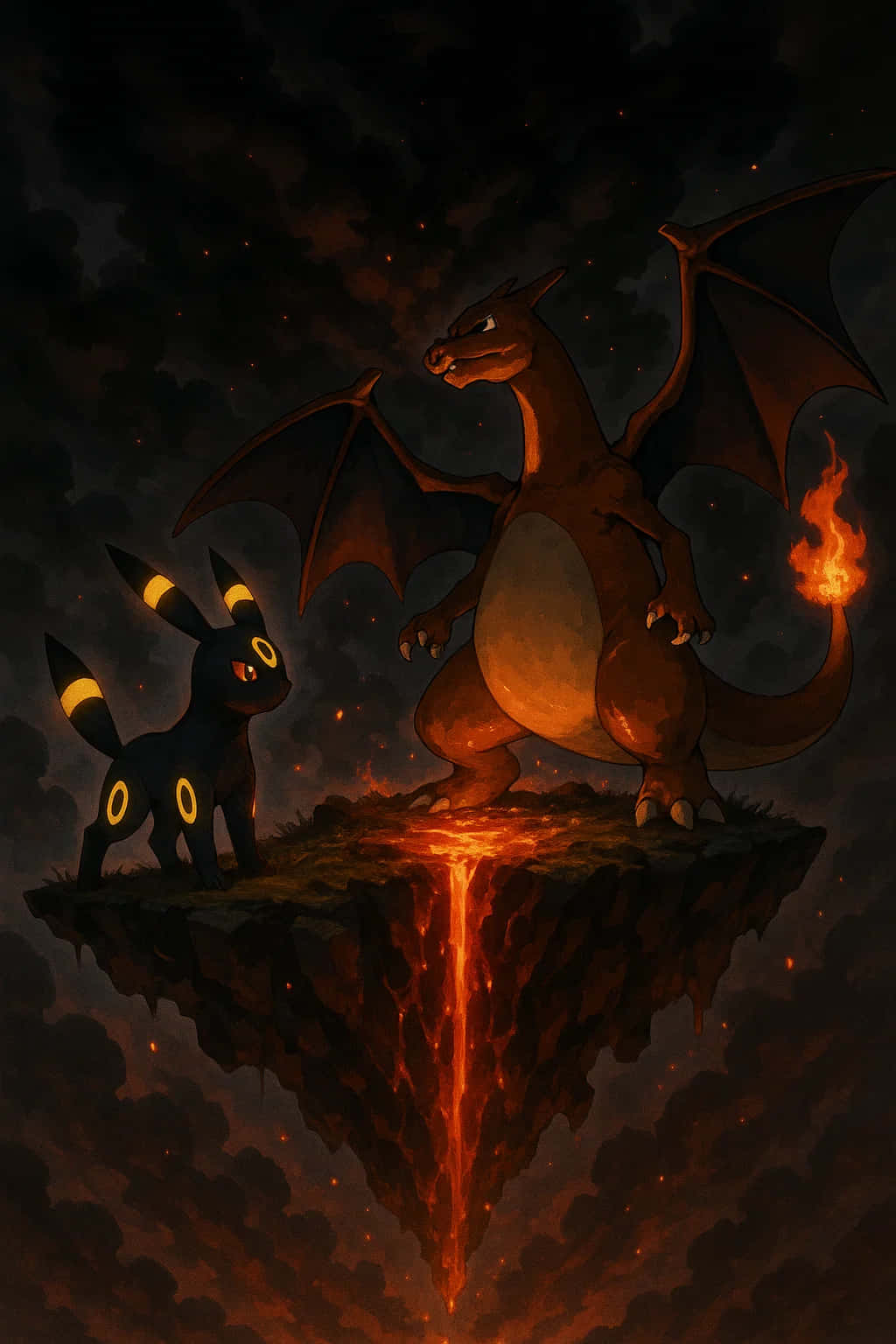 Umbreon Pokemon 4K HD Wallpaper WEBP MOBILE Backgrounds 壁紙 — 一隻火焰噴射的噴火龍和一隻發光的月亮伊布站在一個漂浮島嶼上，下方是熔岩坑，上方是黑暗暴風雨的天空。