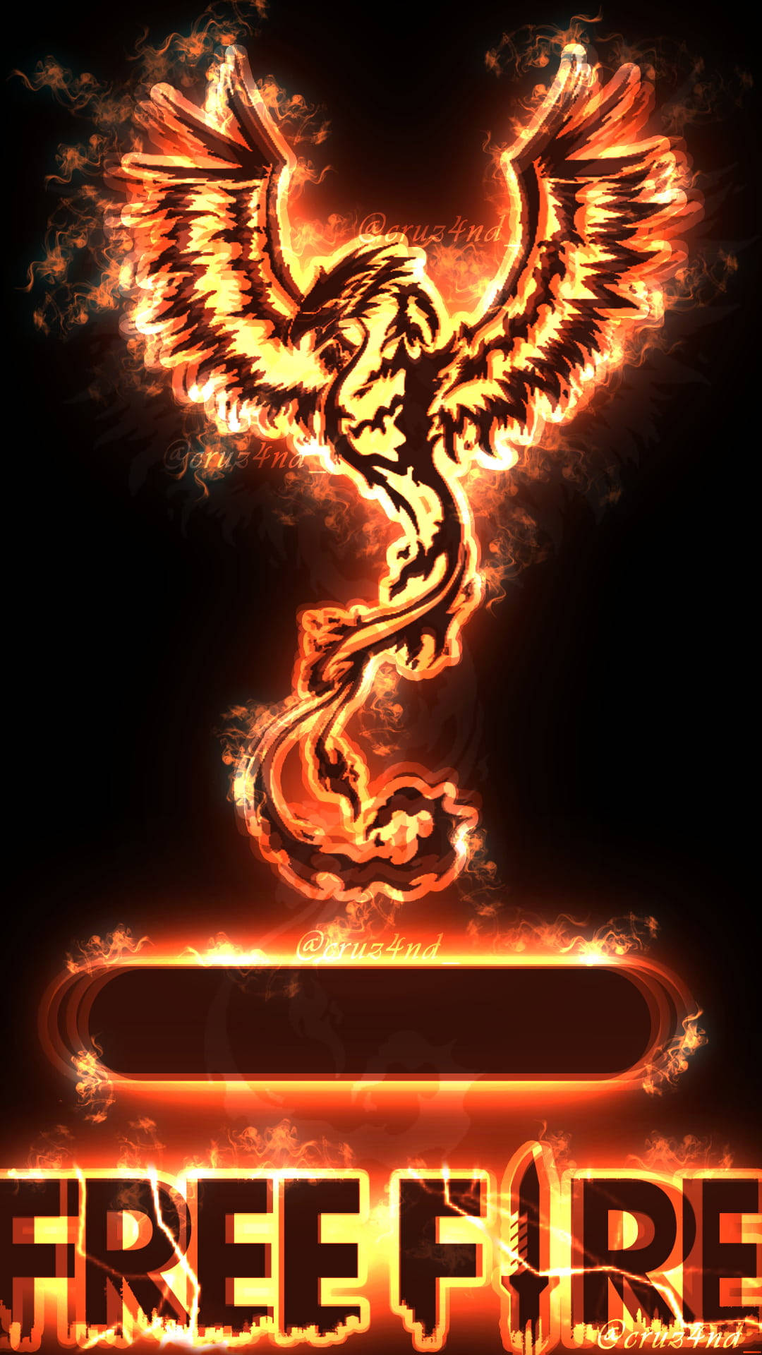 free fire 2021 桌布 壁紙 — 一隻火焰鳳凰展開翅膀從火焰中出現，背景為黑色，下方有發光的「FREE FIRE」文字。