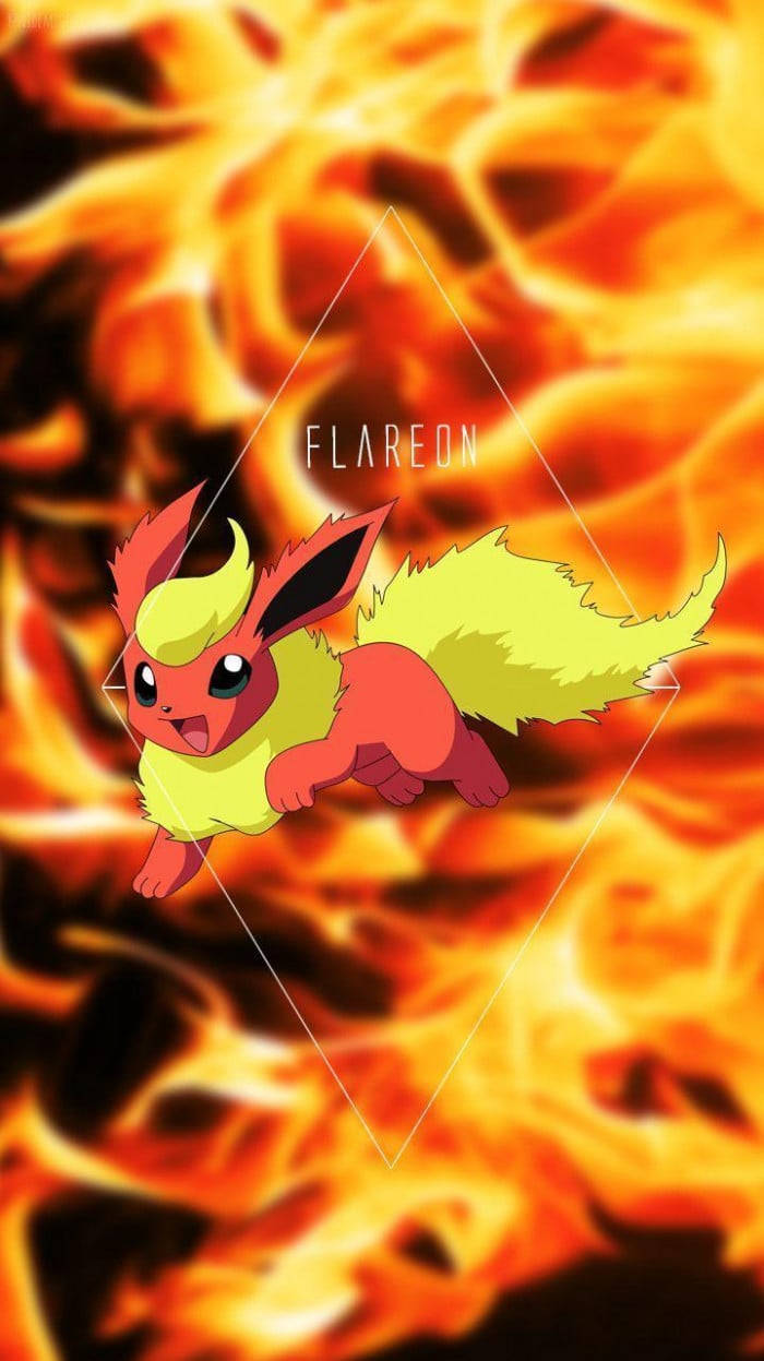 寶可夢 桌布 壁紙 — 一隻火熱的 Flareon 在旋轉的橙色和黃色火焰背景上動態跳躍。