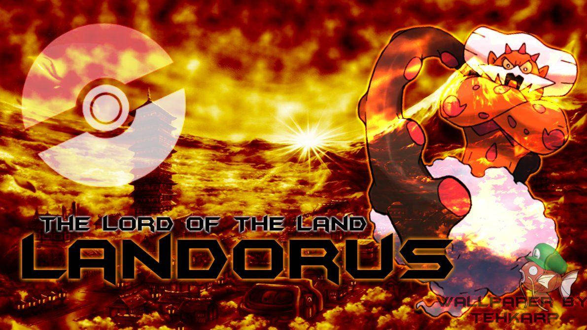 藝術 桌布 壁紙 — 一隻火熱的 Landorus 站在燃燒的風景之上，烈日當空，天空中有寶可夢球標誌。