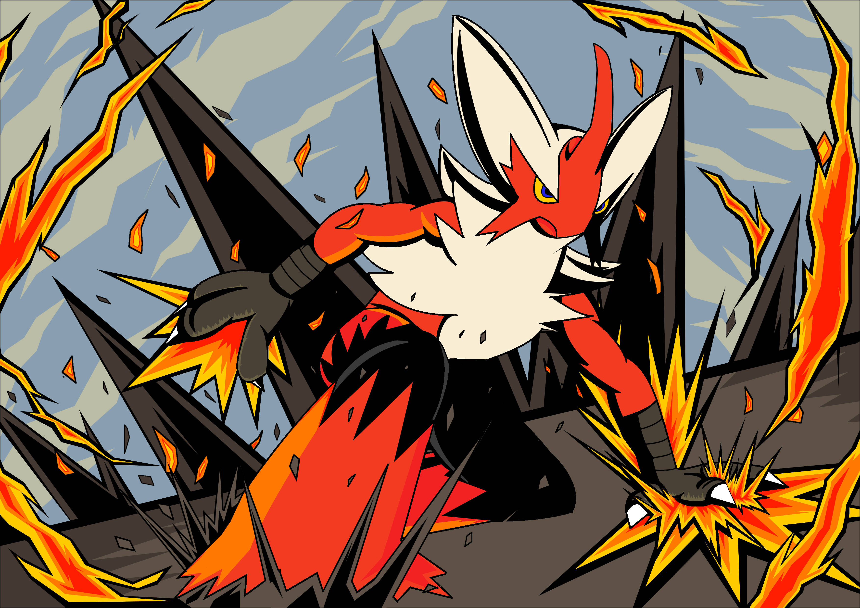 Blaziken 桌布 壁紙 — 一隻火熱的動漫狐狸衝破鋸齒狀的黑色碎片，帶有爆炸性的橙色火焰和發光的黃色眼睛。