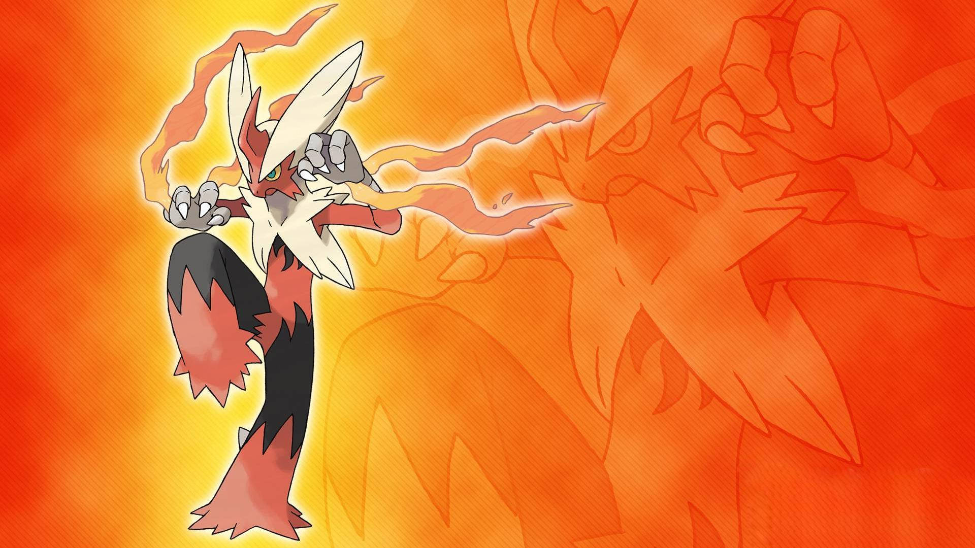 Blaziken 桌布 壁紙 — 一隻火熱的動畫寶可夢，擁有白色和紅色的毛髮，在熾熱的橙色背景前動態地站立。