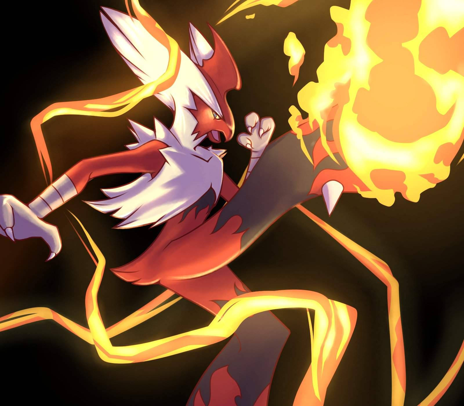 Blaziken 桌布 壁紙 — 一隻火熱的動畫狐狸寶可夢在黑暗背景上釋放出熾熱的拳擊，伴隨著發光的橙色能量軌跡。
