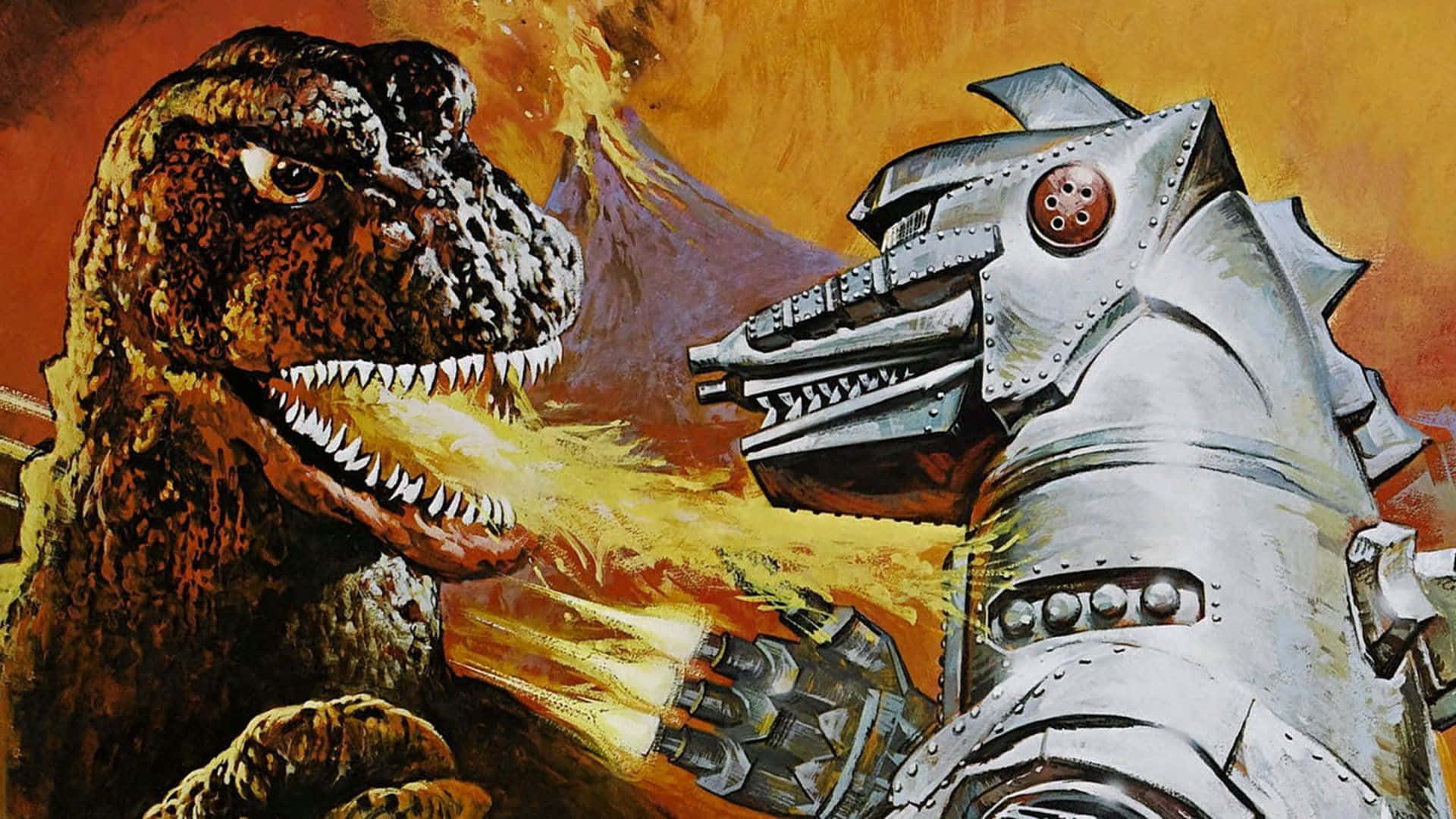 mechagodzilla 桌布 壁紙 — 一隻火熱的哥吉拉向金屬機器人咆哮，兩者在火山背景下激烈碰撞。