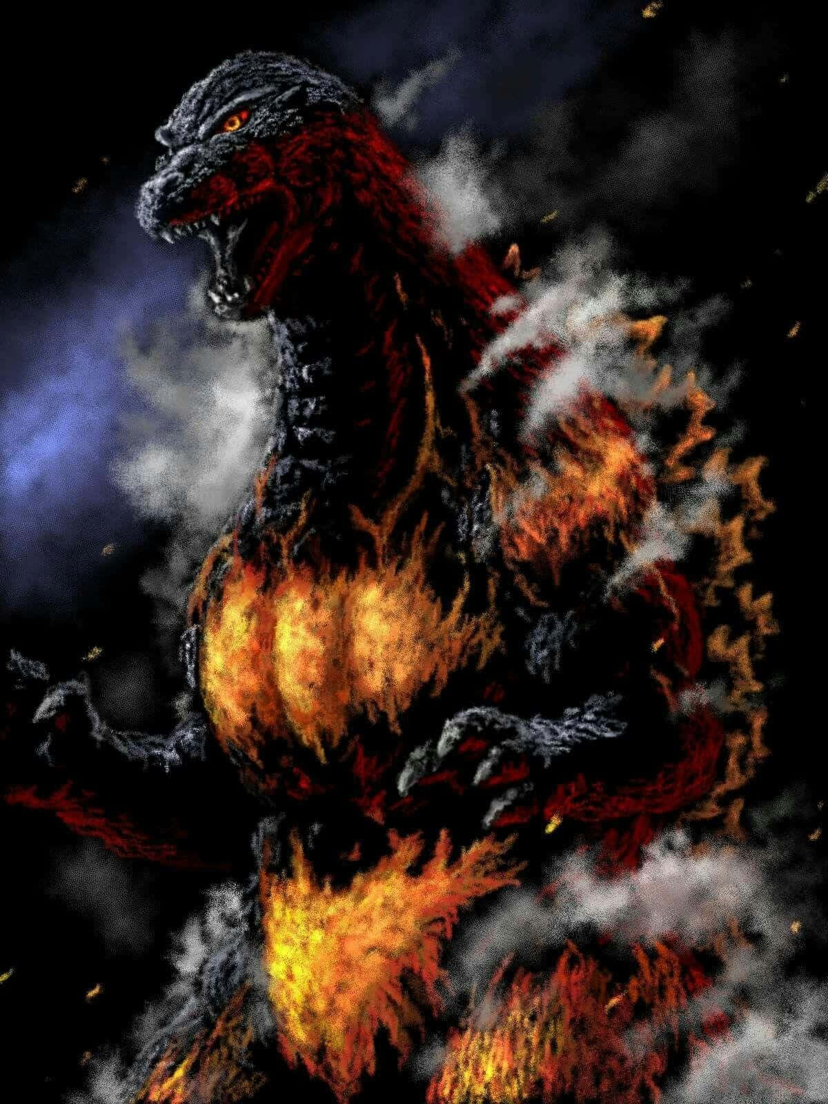 Burning Godzilla 桌布 壁紙 — 一隻火熱的哥吉拉在煙霧和餘燼中咆哮，背景是黑暗的暴風雨天空，眼睛發出橙色光芒。