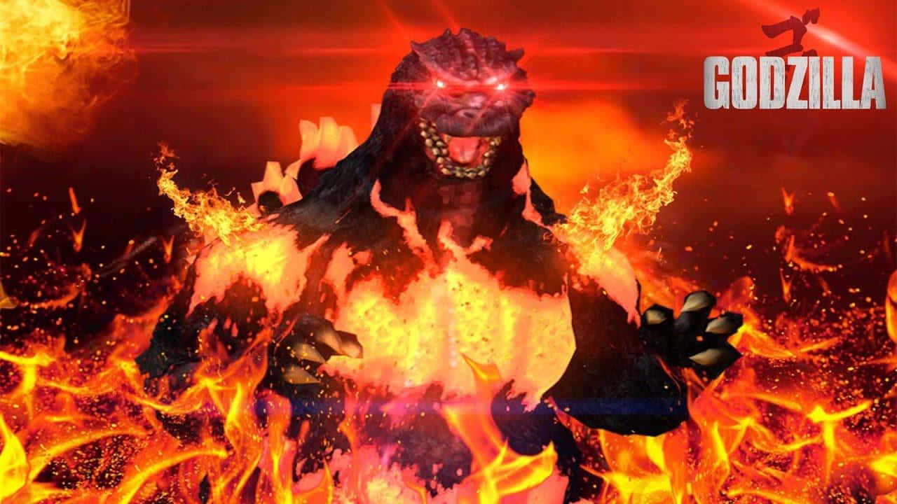 Burning Godzilla 桌布 壁紙 — 一隻火熱的哥吉拉從火焰中出現，眼睛發出紅光，熔岩從身體噴出，背景是熾熱的橙色天空。