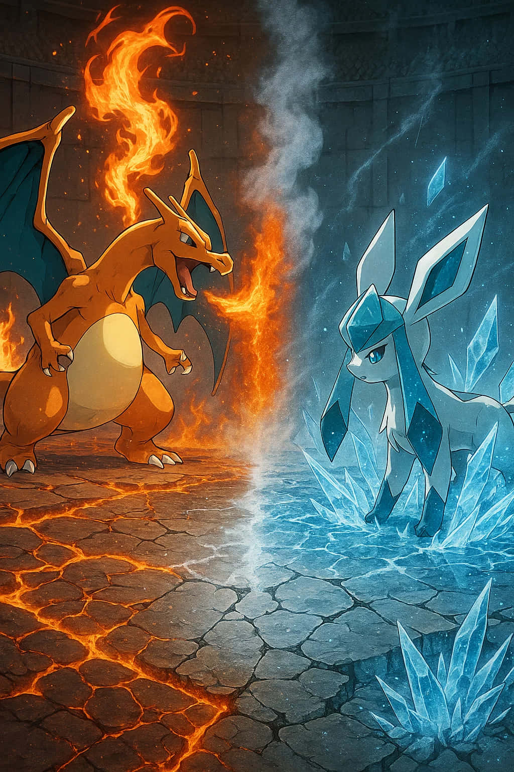 Charizard Pokemon HD Wallpaper WEBP 4K Background Download 壁紙 — 一隻火熱的噴火龍和冰凍的冰伊布在一個被熔岩和冰裂開的石地板上對峙。
