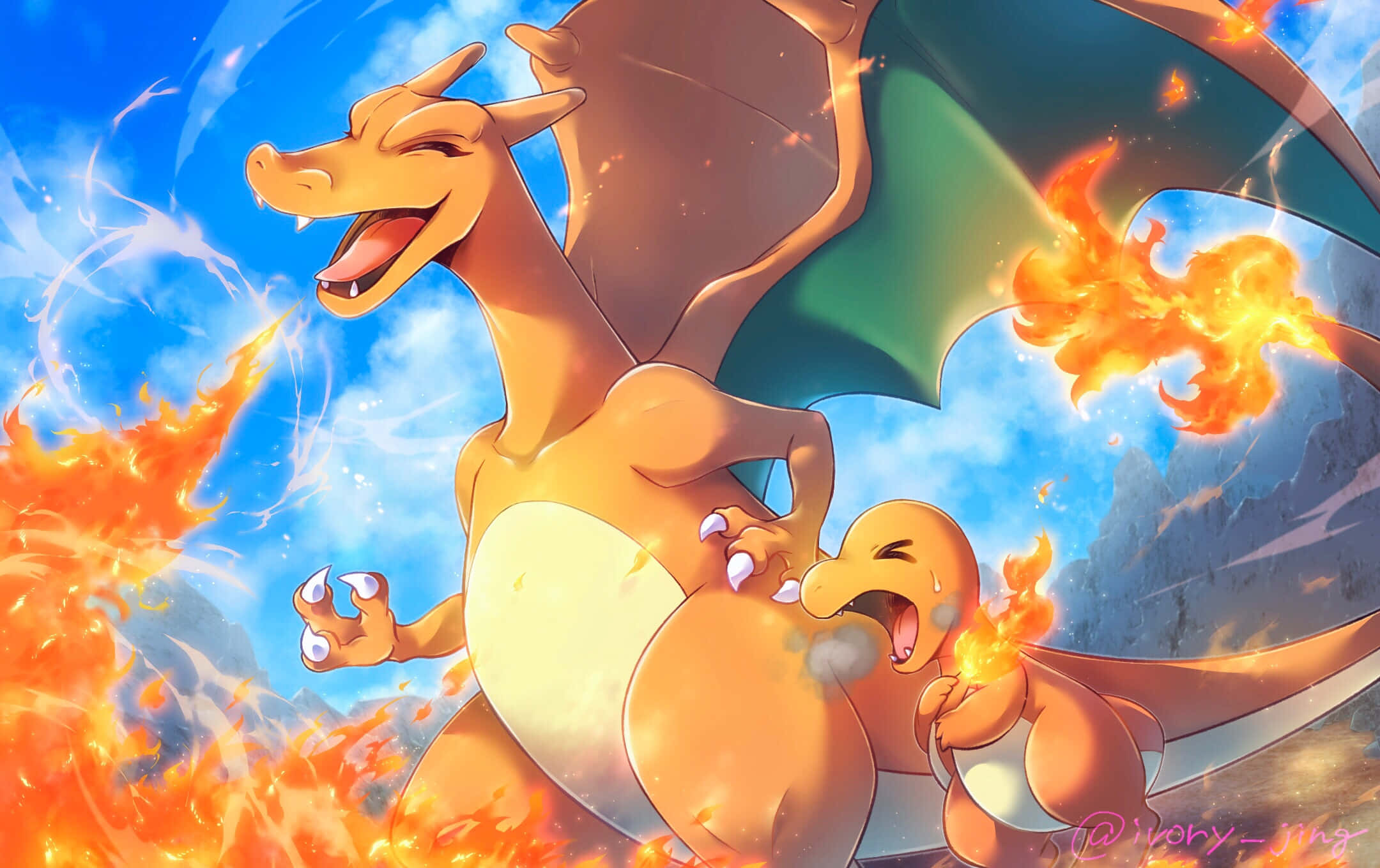 Cute Charmander 桌布 壁紙 — 一隻火熱的噴火龍和小火龍在藍天白雲和山脈背景下噴出火焰。