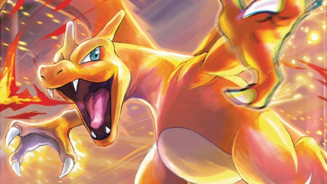 Charizard Pokemon 桌布 壁紙 — 一隻火熱的噴火龍在動感的橙色和黃色背景前咆哮，眼睛發光，口中噴出火焰。