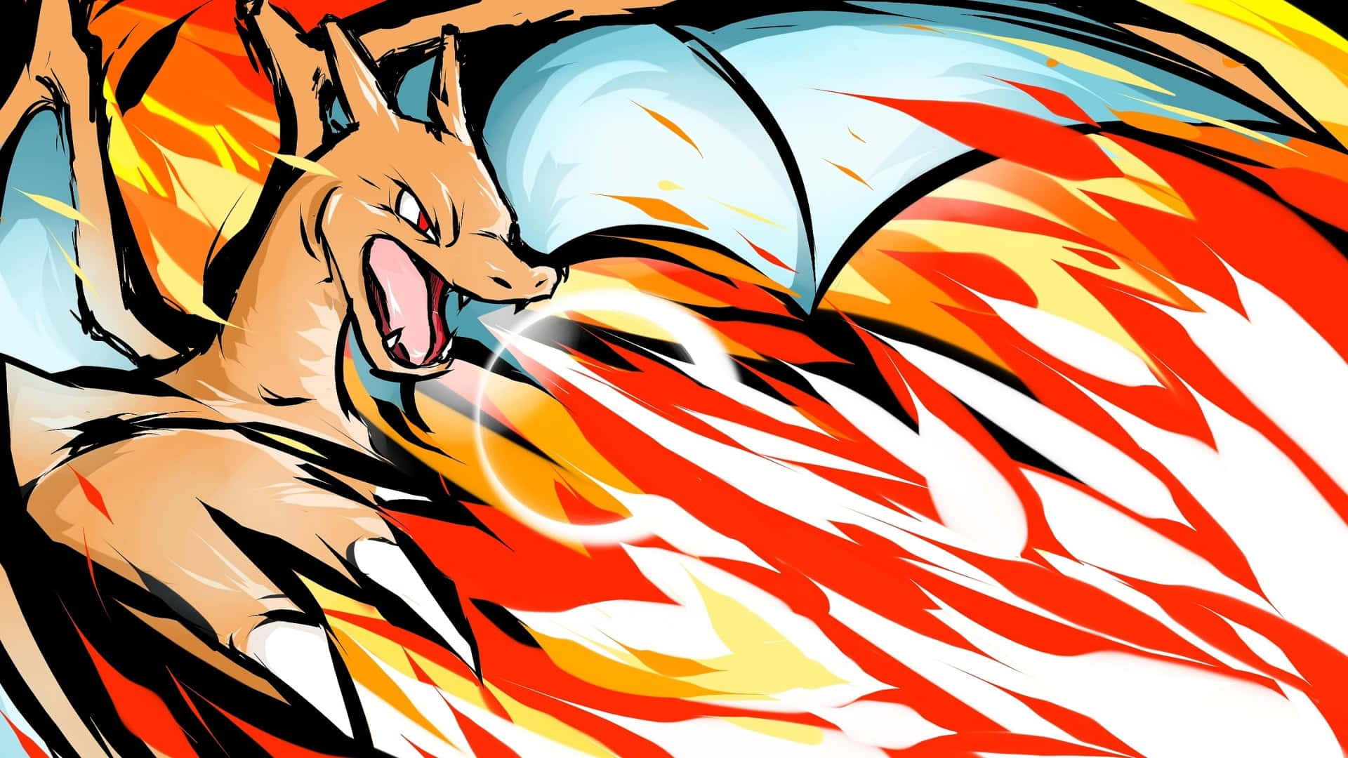 Pokemon Charizard 桌布 壁紙 — 一隻火熱的噴火龍在動態動漫插圖中咆哮，口中噴出強烈的火焰。