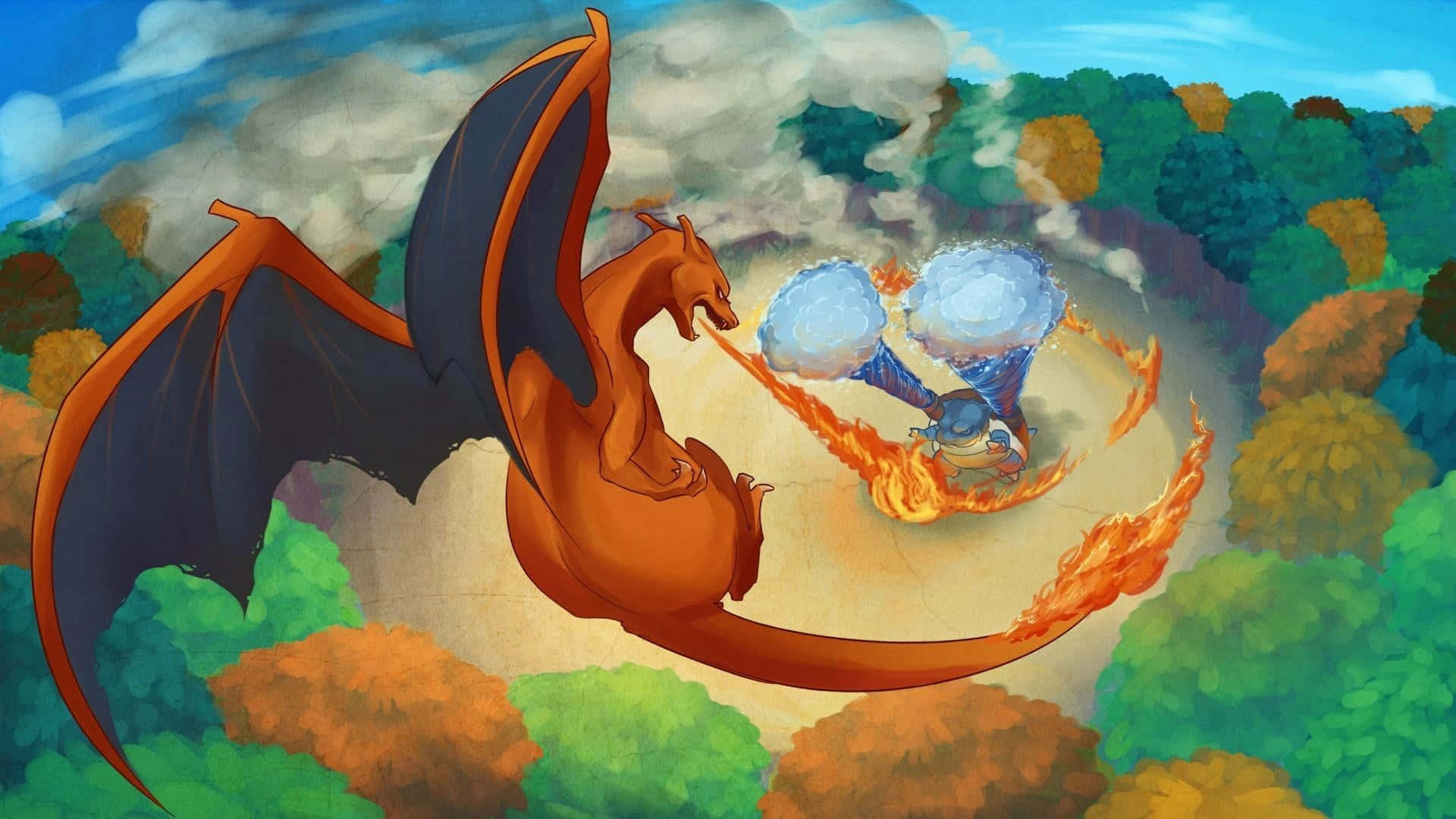 Epic Charizard 桌布 壁紙 — 一隻火熱的噴火龍在多雲天空下的秋天樹木中與一隻藍色寶可夢戰鬥。