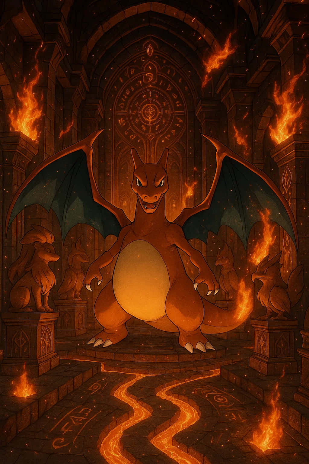 Charizard Pokemon HD Wallpaper WEBP 4K Background Download 壁紙 — 一隻火熱的噴火龍威嚴地站在一座被火焰和發光符文吞噬的哥德式大教堂中。