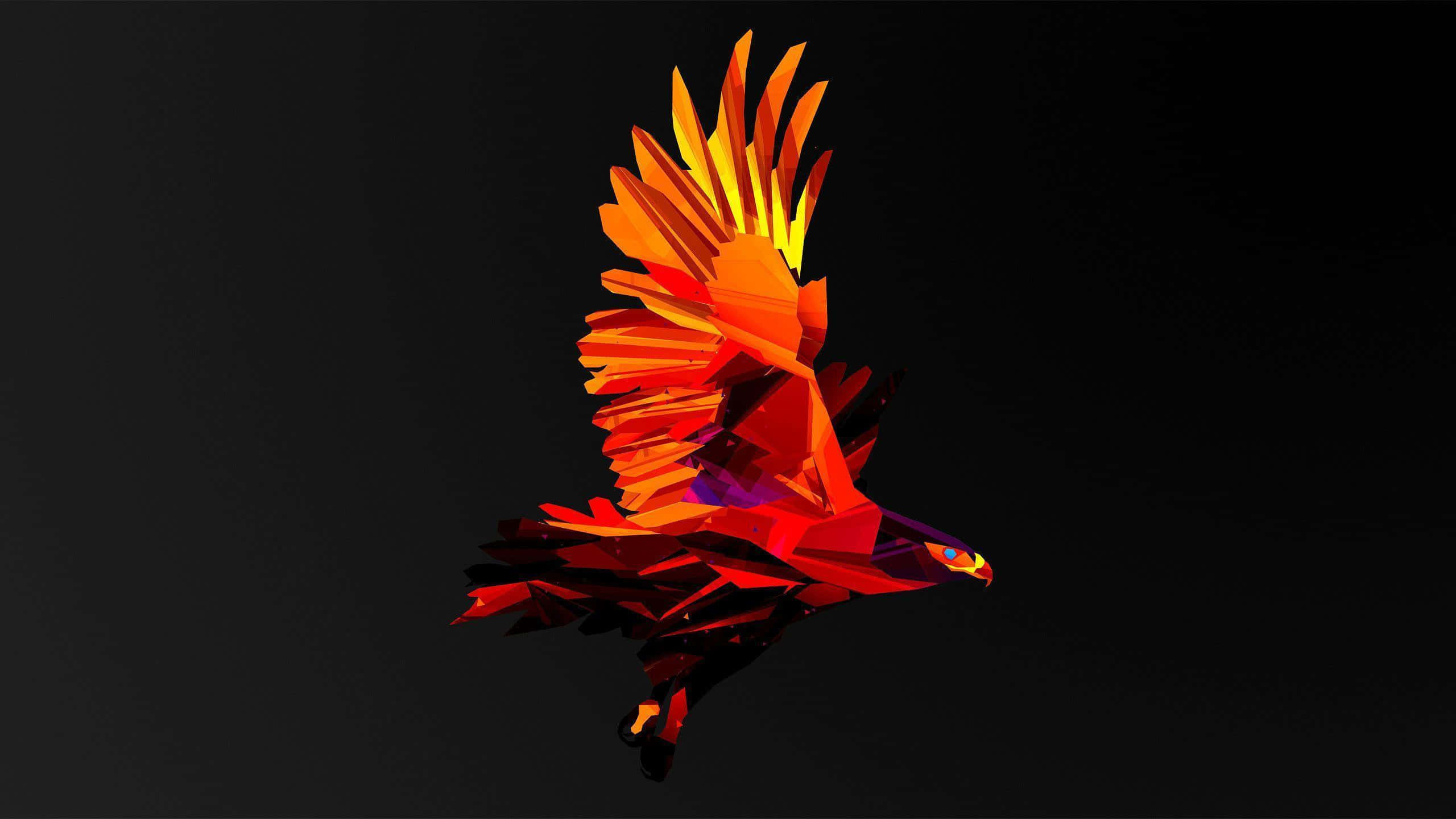 1440p 桌布 壁紙 — 一隻火熱的幾何鳳凰展開發光的橙色翅膀，在純黑背景上翱翔。