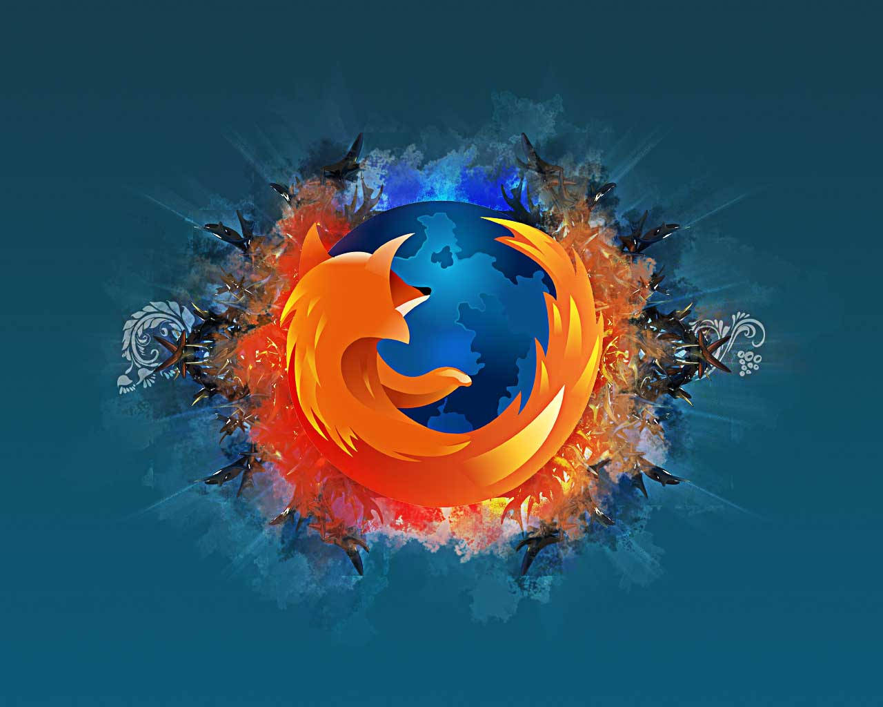 Website 桌布 壁紙 — 一隻火熱的橙色狐狸圍繞著藍色地球旋轉，在深藍綠色背景上迸發能量。