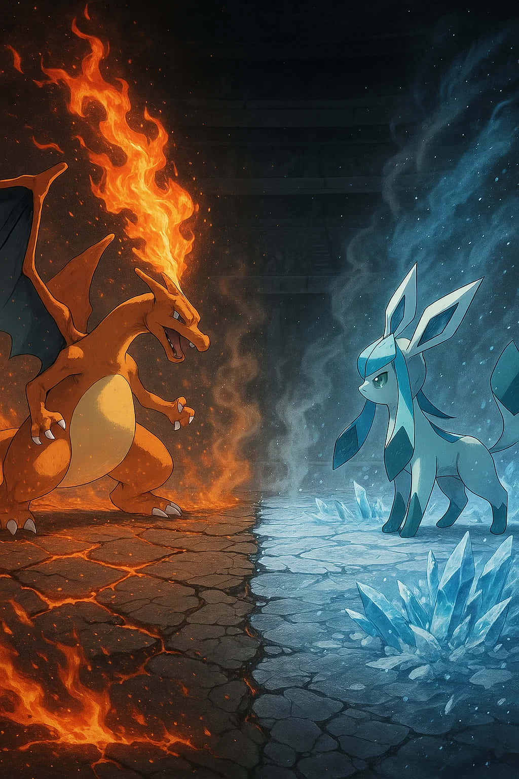 Charizard Pokemon HD Wallpaper WEBP 4K Background Download 壁紙 — 一隻火熱的橙色龍噴出火焰，而一隻藍色冰狐站在被火和冰分裂的裂開地面上對面。
