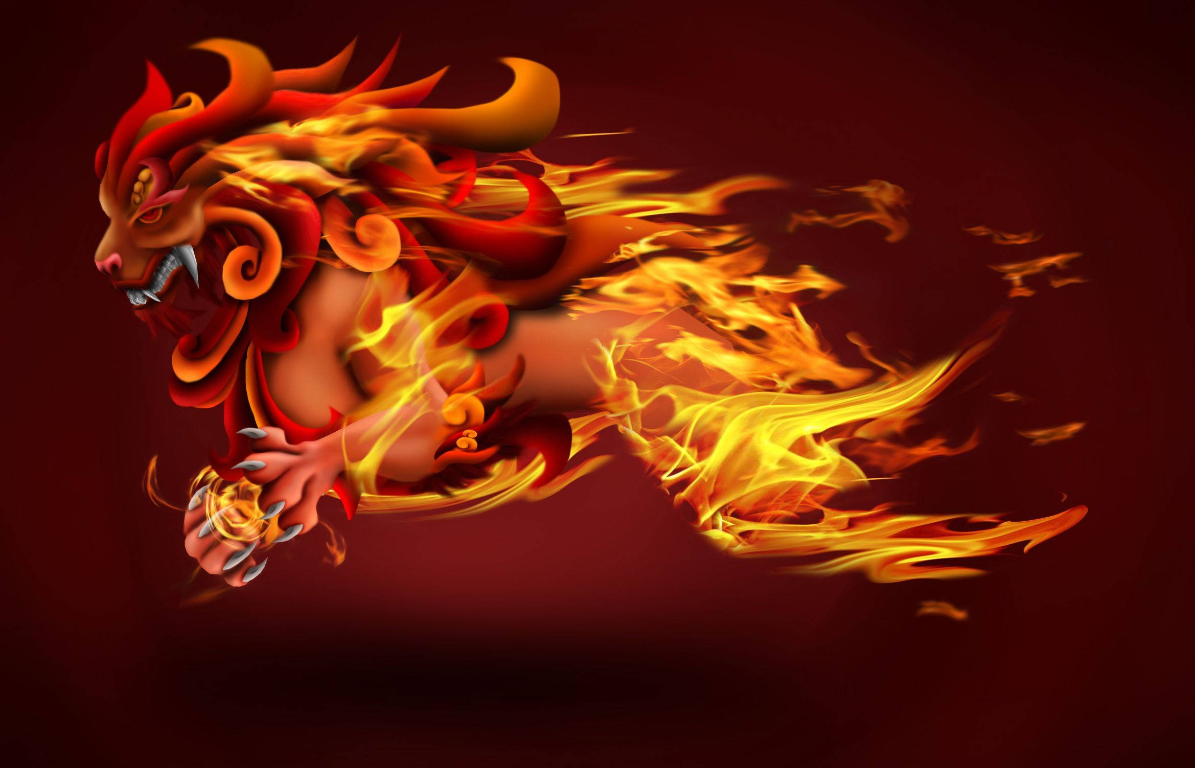 獅子 桌布 壁紙 — 一隻火熱的獅子，眼睛和爪子發光，緊握著一個金色球體，背景是深紅色。