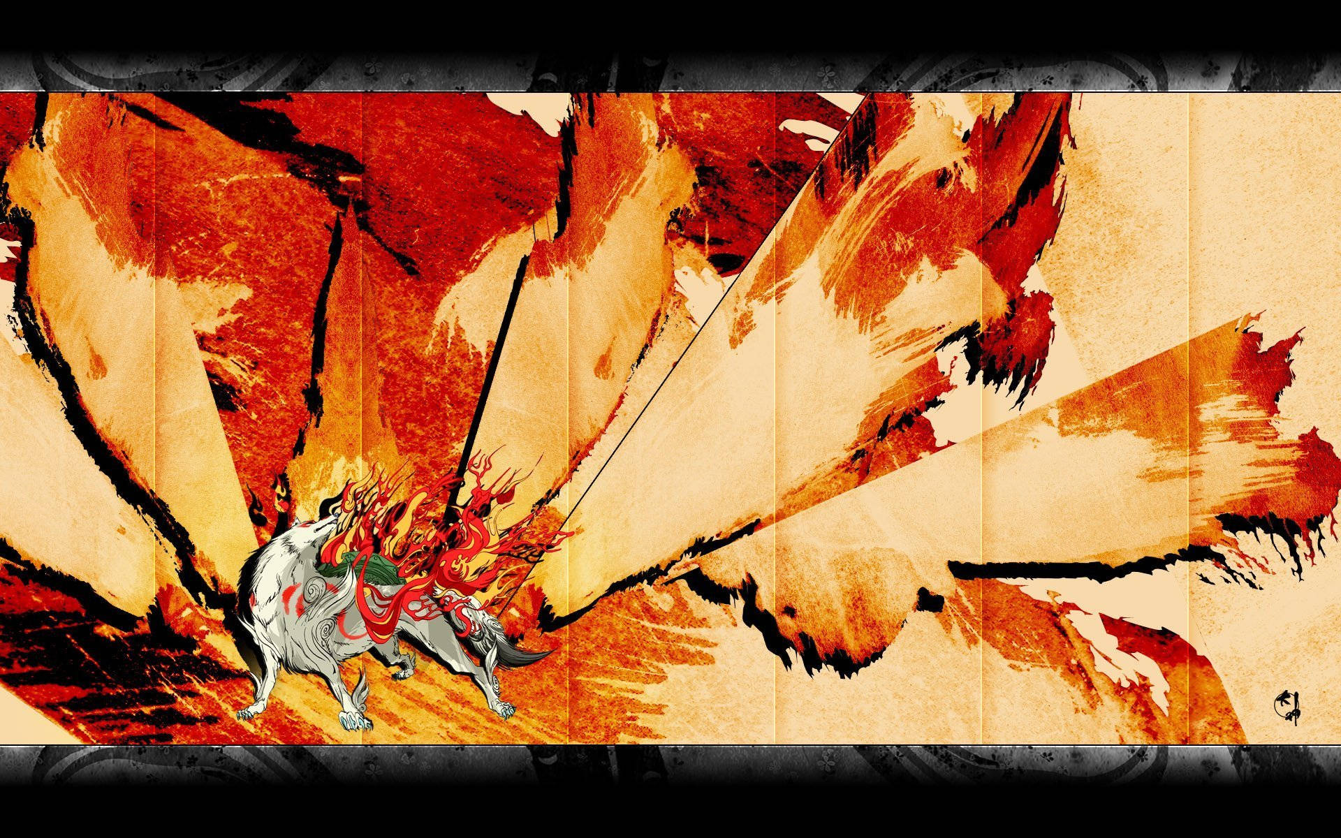 Okami 桌布 壁紙 — 一隻火熱的白狼，紅色火焰從傳統日本卷軸背景中以大膽的筆觸噴發而出。