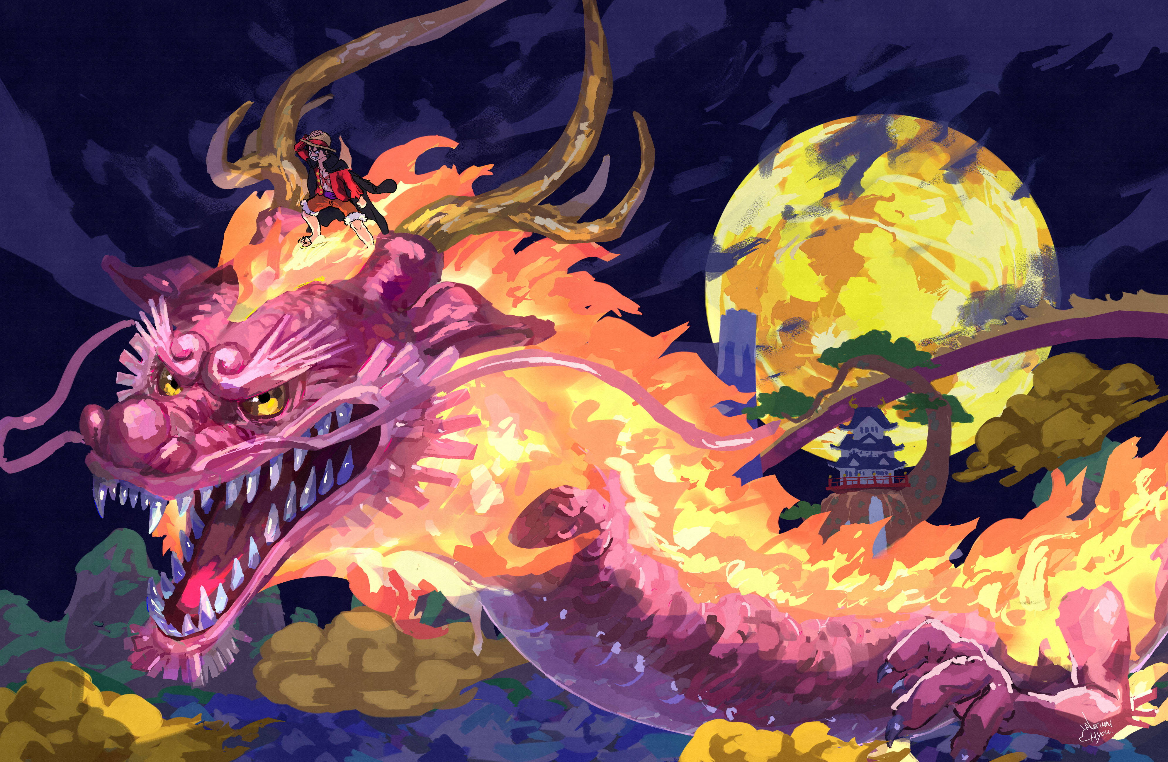 海賊王 桌布 壁紙 — 一隻火熱的粉紅色龍，發光的眼睛在巨大的黃色月亮下噴火，騎手棲息在其有角的頭上。
