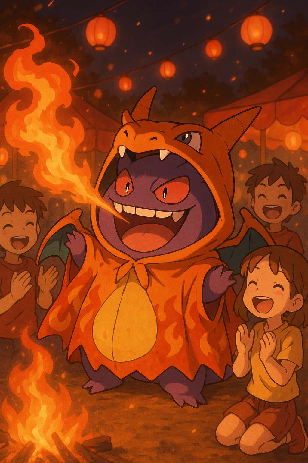 Gengar HD Wallpaper WEBP 4K Background Download 壁紙 — 一隻火熱的耿鬼穿著火焰圖案服裝，在發光燈籠下的營火旁，孩子們歡呼時，牠開心地大笑。
