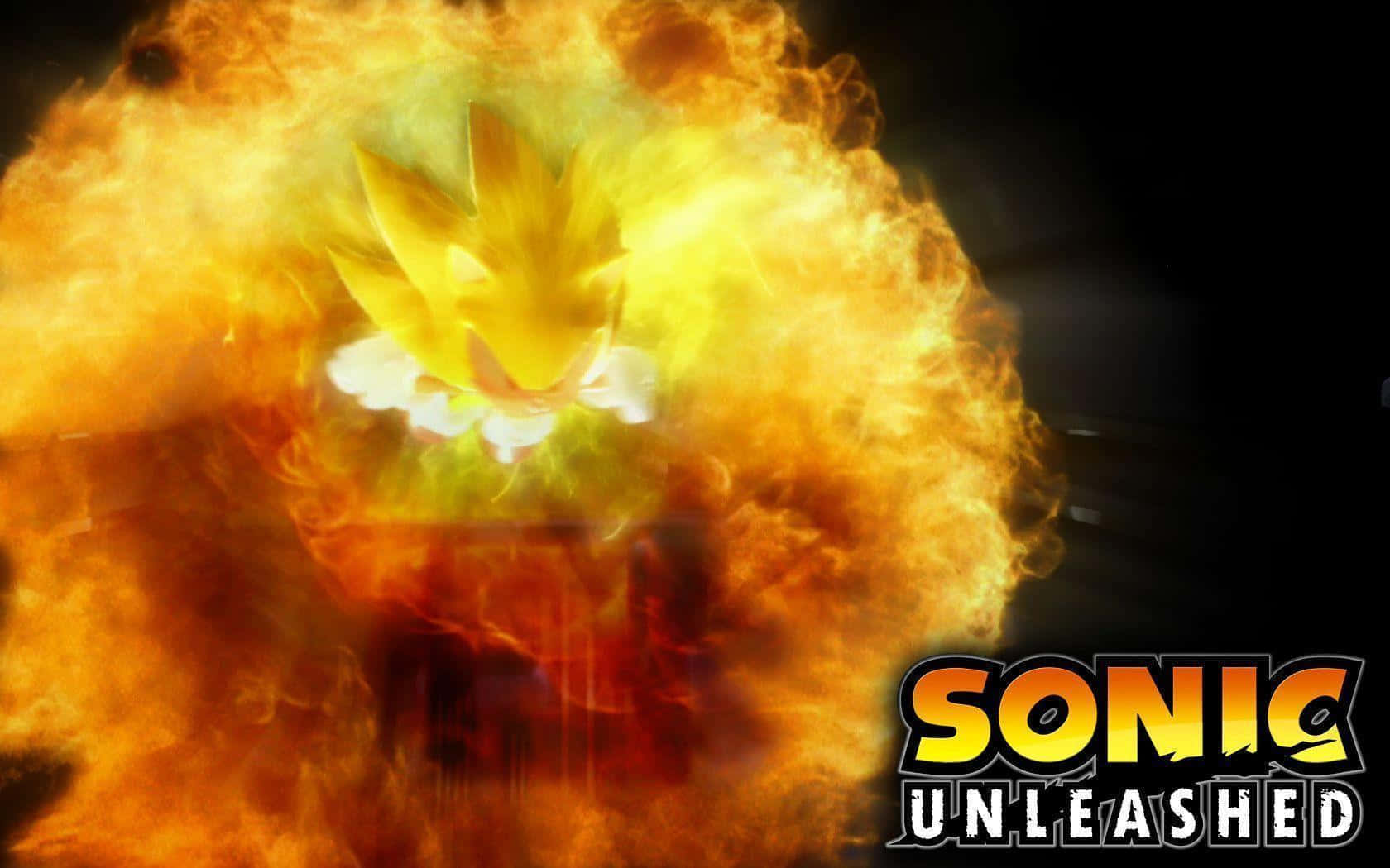 Super Sonic 桌布 壁紙 — 一隻火熱的金色刺蝟從火焰中爆發出來，出現在帶有「Sonic Unleashed」標誌的動態電子遊戲場景中。