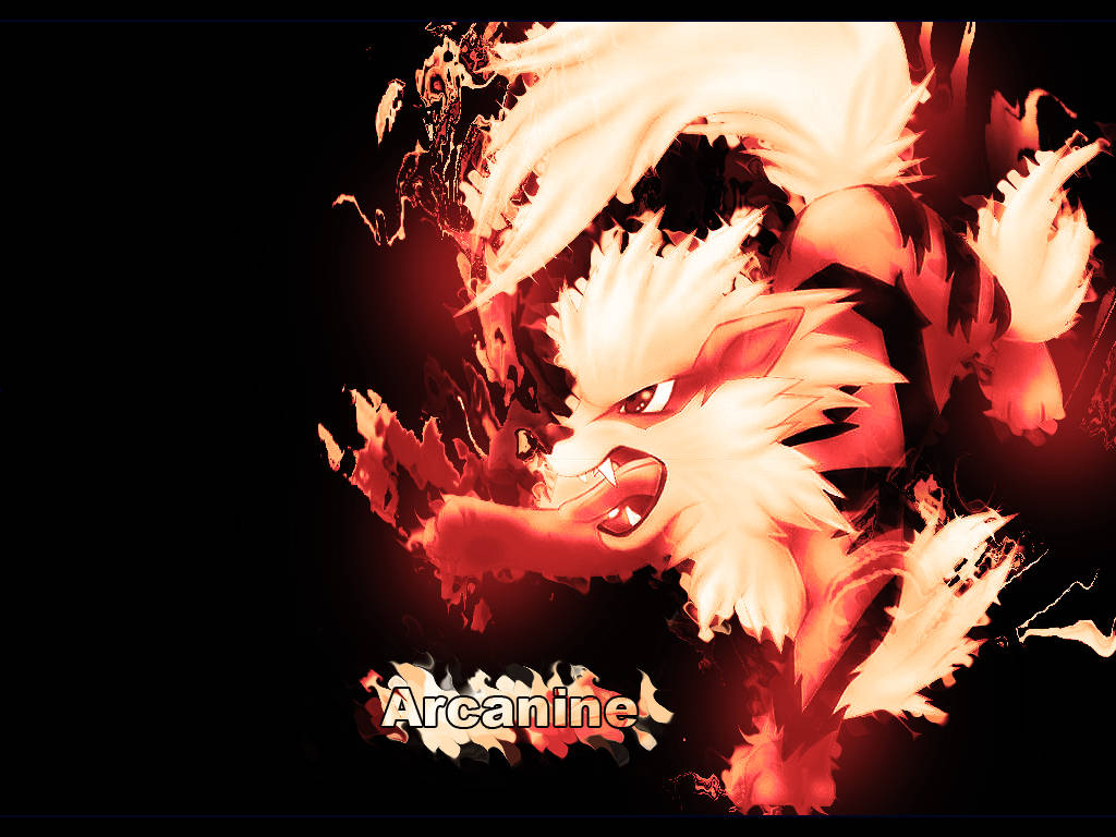 Arcanine 桌布 壁紙 — 一隻火熱的風速狗在黑暗背景中咆哮，眼睛發光，毛髮燃燒。
