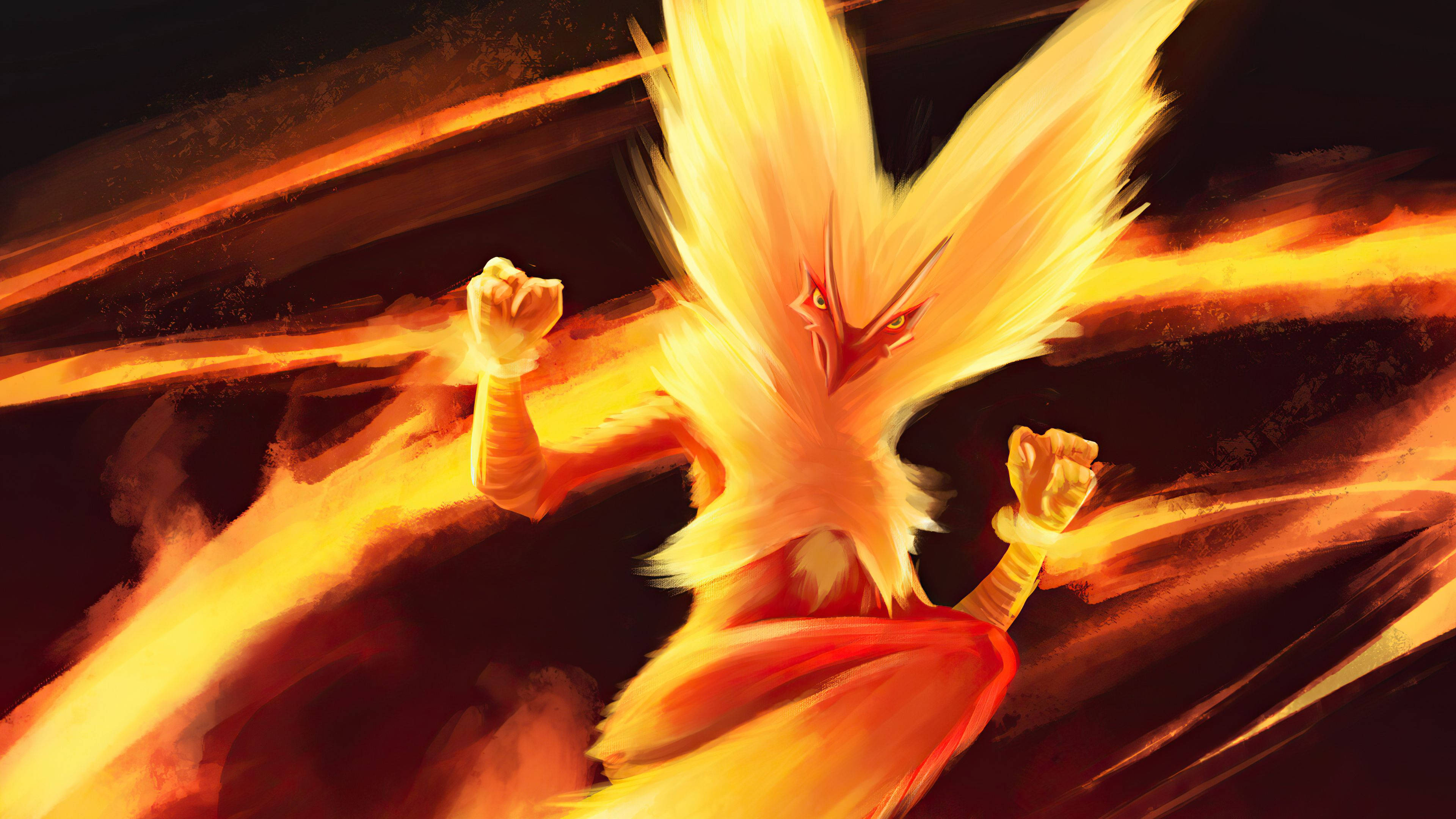Blaziken 桌布 壁紙 — 一隻火熱的鳥類生物，擁有發光的橙色眼睛和動態運動條紋，在黑暗背景下向前衝刺。