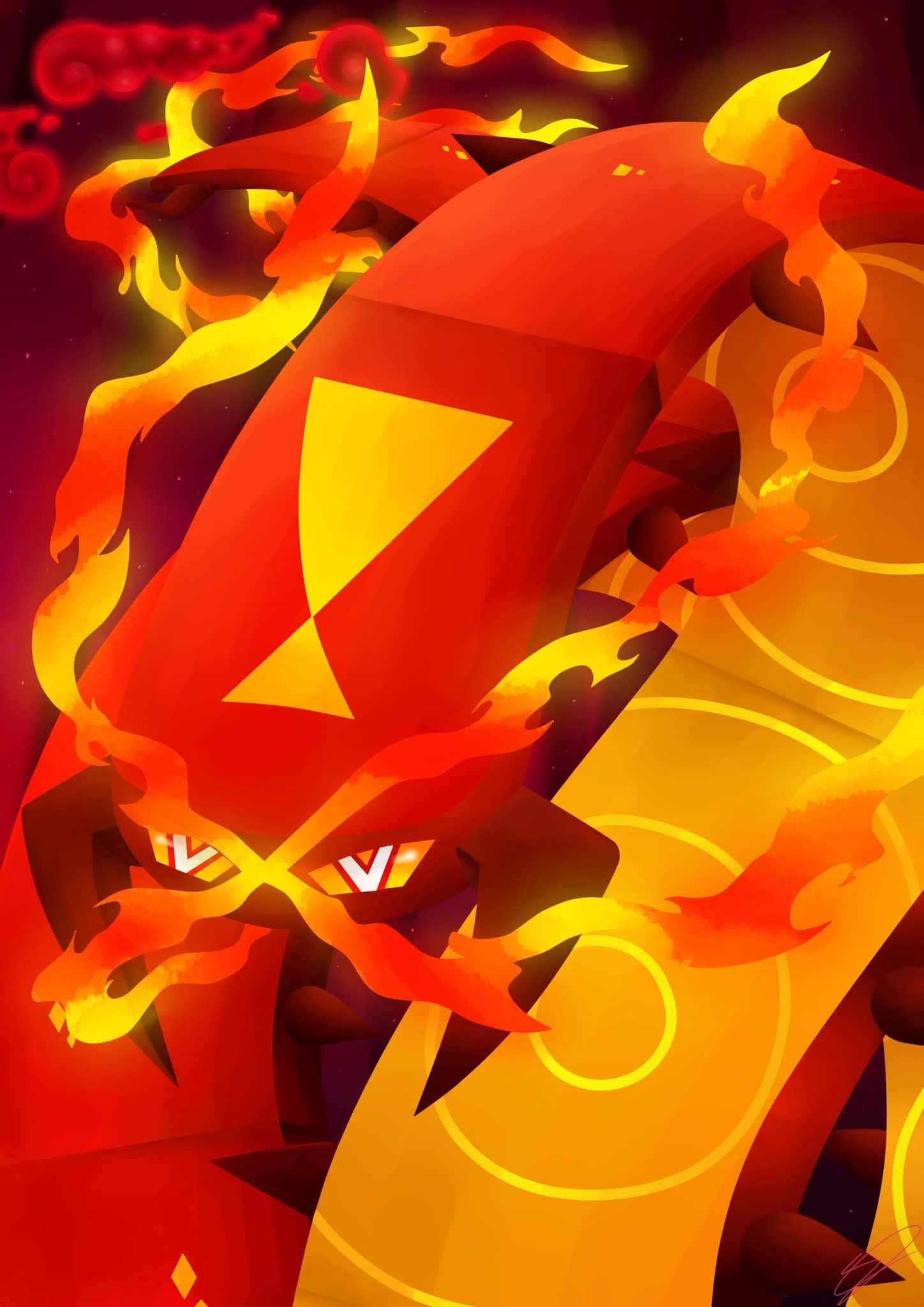 Pokémon 手機 桌布 壁紙 — 一隻火紅和橙色的風格化龍，帶有發光的眼睛和火焰狀的捲鬚，在黑暗背景上動態旋轉。