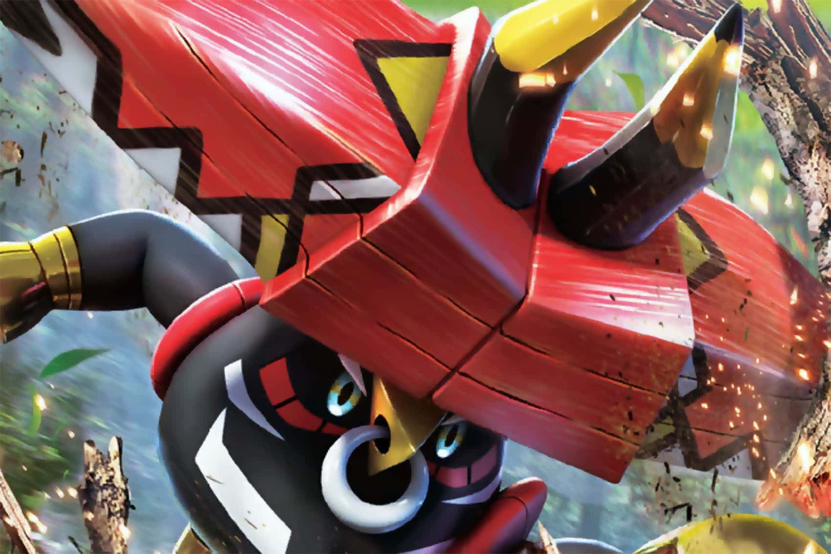 Tapu Bulu 桌布 壁紙 — 一隻火紅和黑色的寶可夢，帶有黃色角，在動態戰鬥場景中撞穿一棵樹。