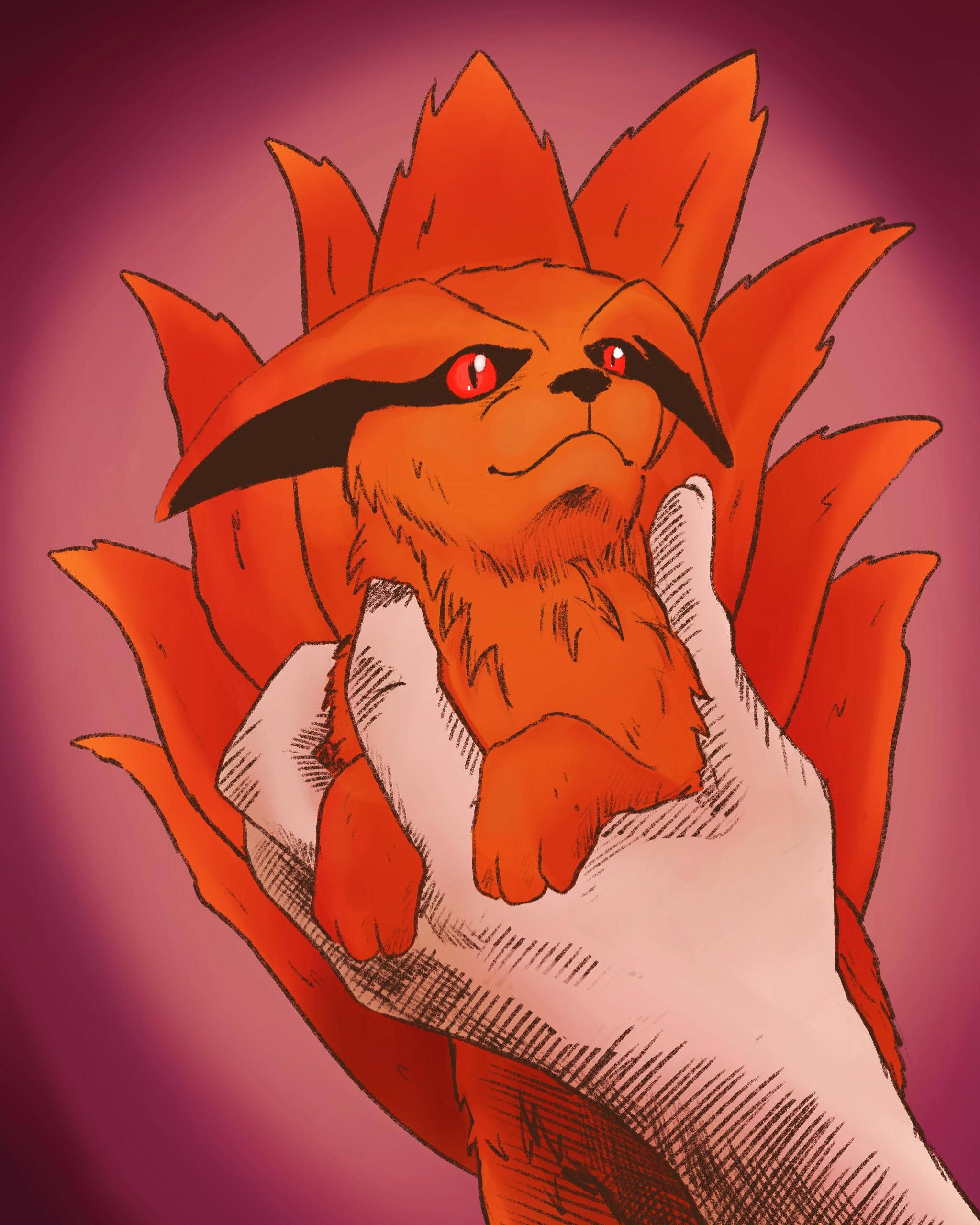 Nine Tailed Fox 桌布 壁紙 — 一隻火紅的九尾狐，眼睛發出紅光，被輕輕捧在一隻戴著手套的手中，背景是深紫色漸變。