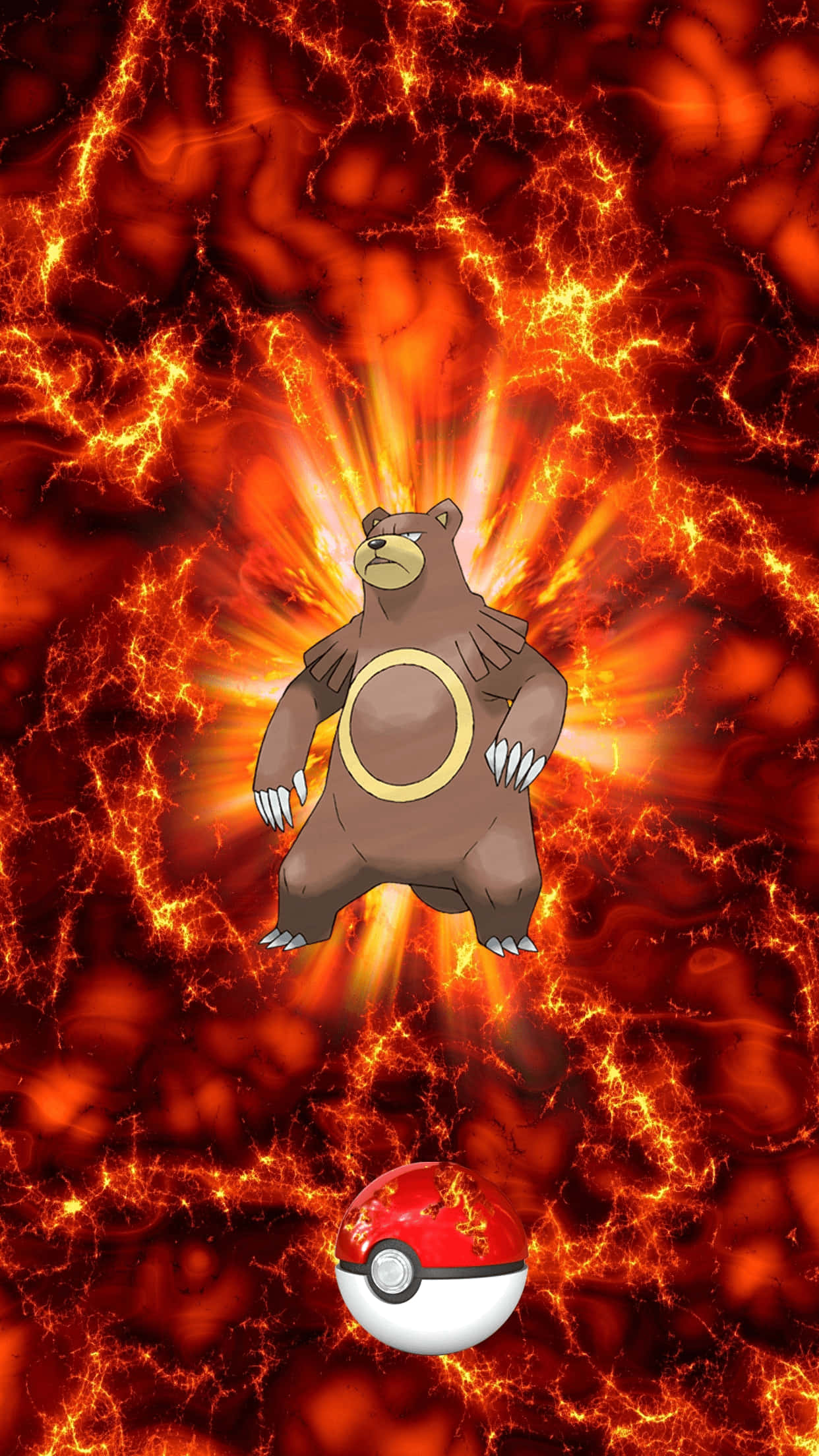 Pokemon Aesthetic 桌布 壁紙 — 一隻火紅的棕色熊寶可夢強而有力地站在噼啪作響的橙色火焰中，下方有一個精靈球。