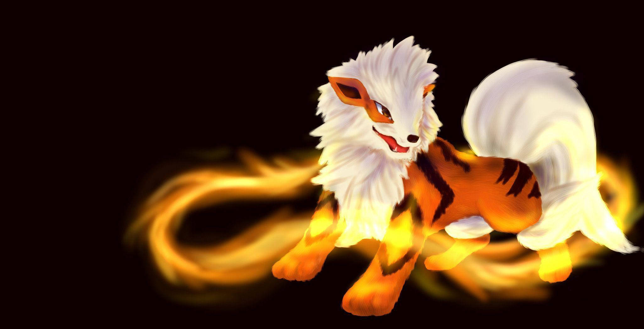 Arcanine 桌布 壁紙 — 一隻火紅的狐狸狀生物，擁有白色毛皮和橙色條紋，在黑暗背景下動態跳躍，周圍環繞著發光的火焰。