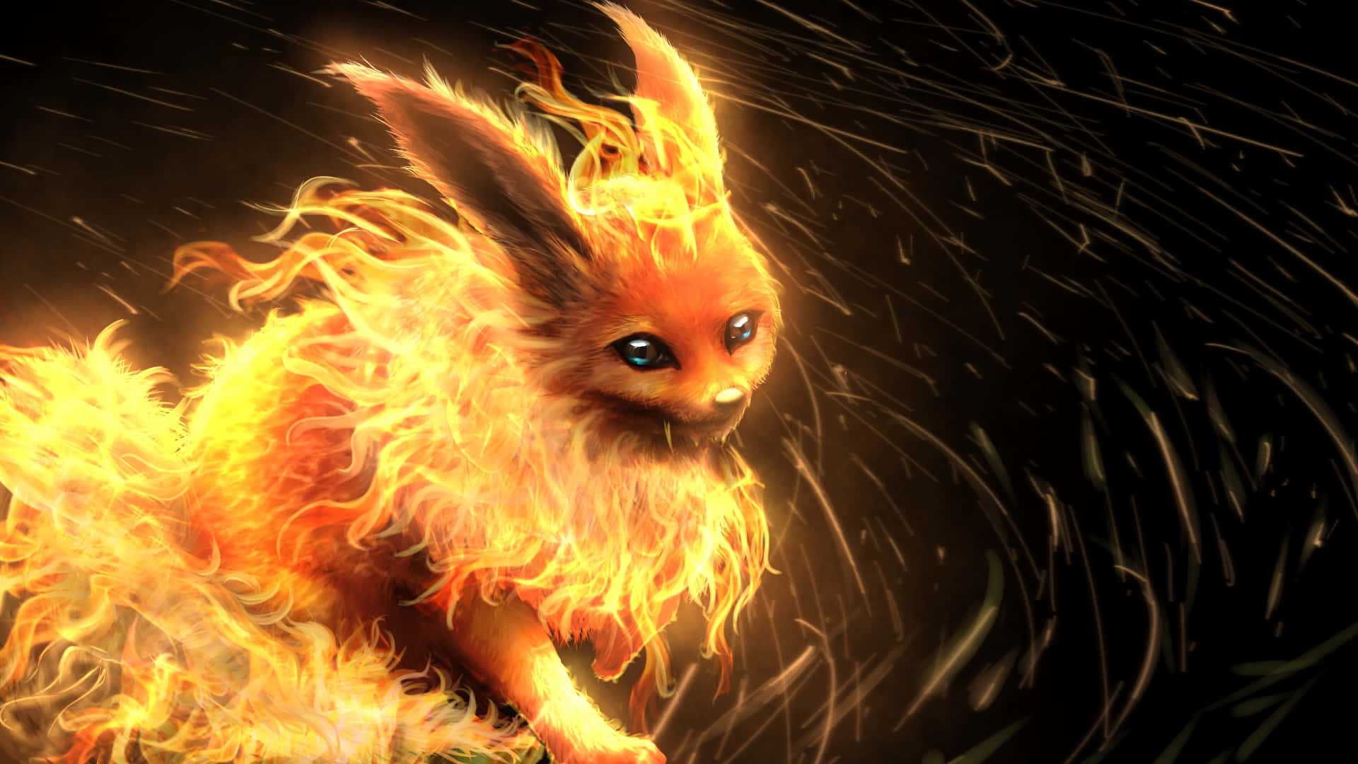 Pokemon Fan Art 桌布 壁紙 — 一隻火紅的狐狸狀生物，眼睛發光，火焰在牠的毛皮中舞動，背景是黑暗旋轉的。