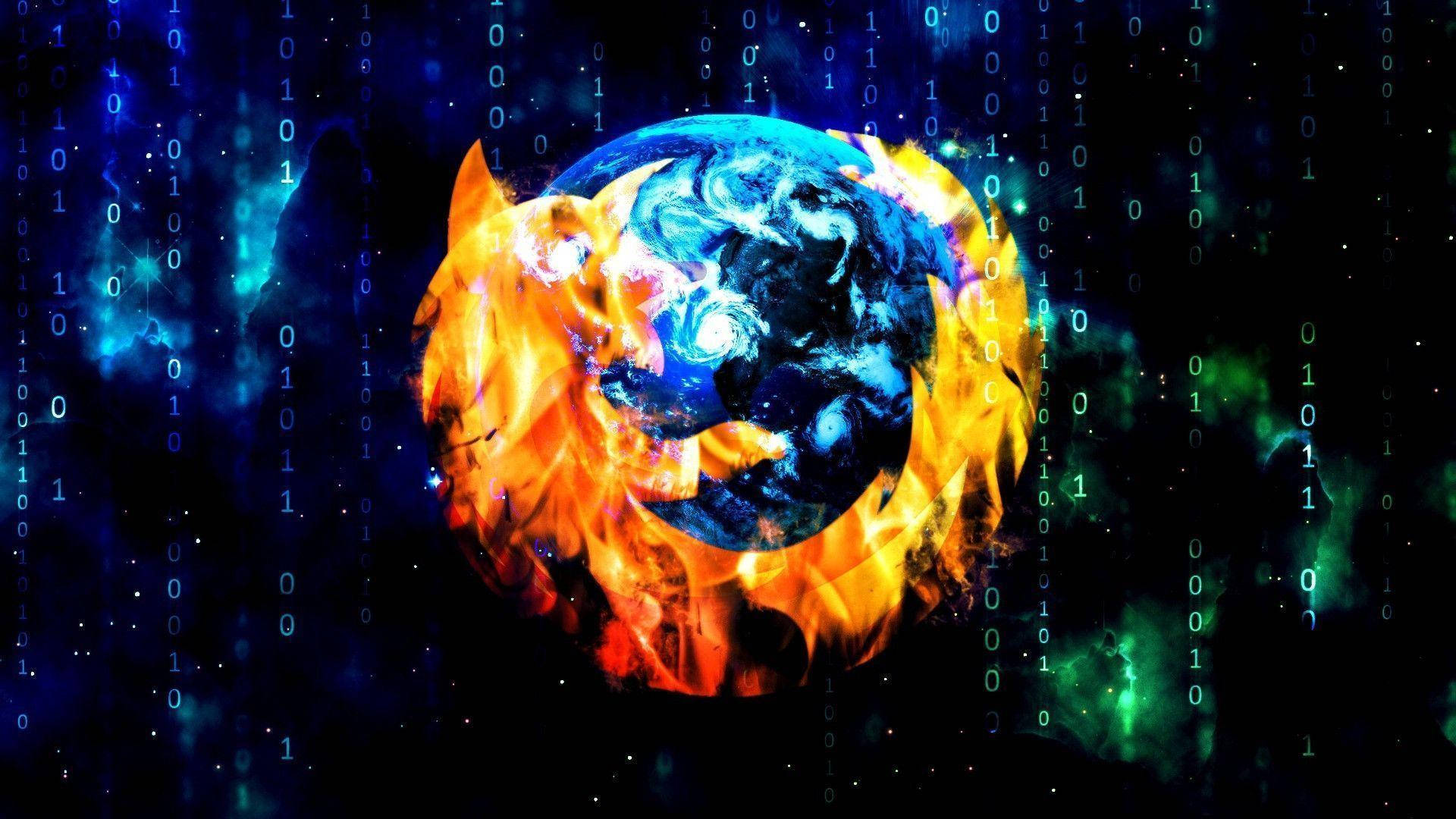 一隻數字狐狸纏繞在一顆發光的星球上，周圍是墜落的二進制代碼和宇宙色彩。 — 矩陣 GIF 壁紙