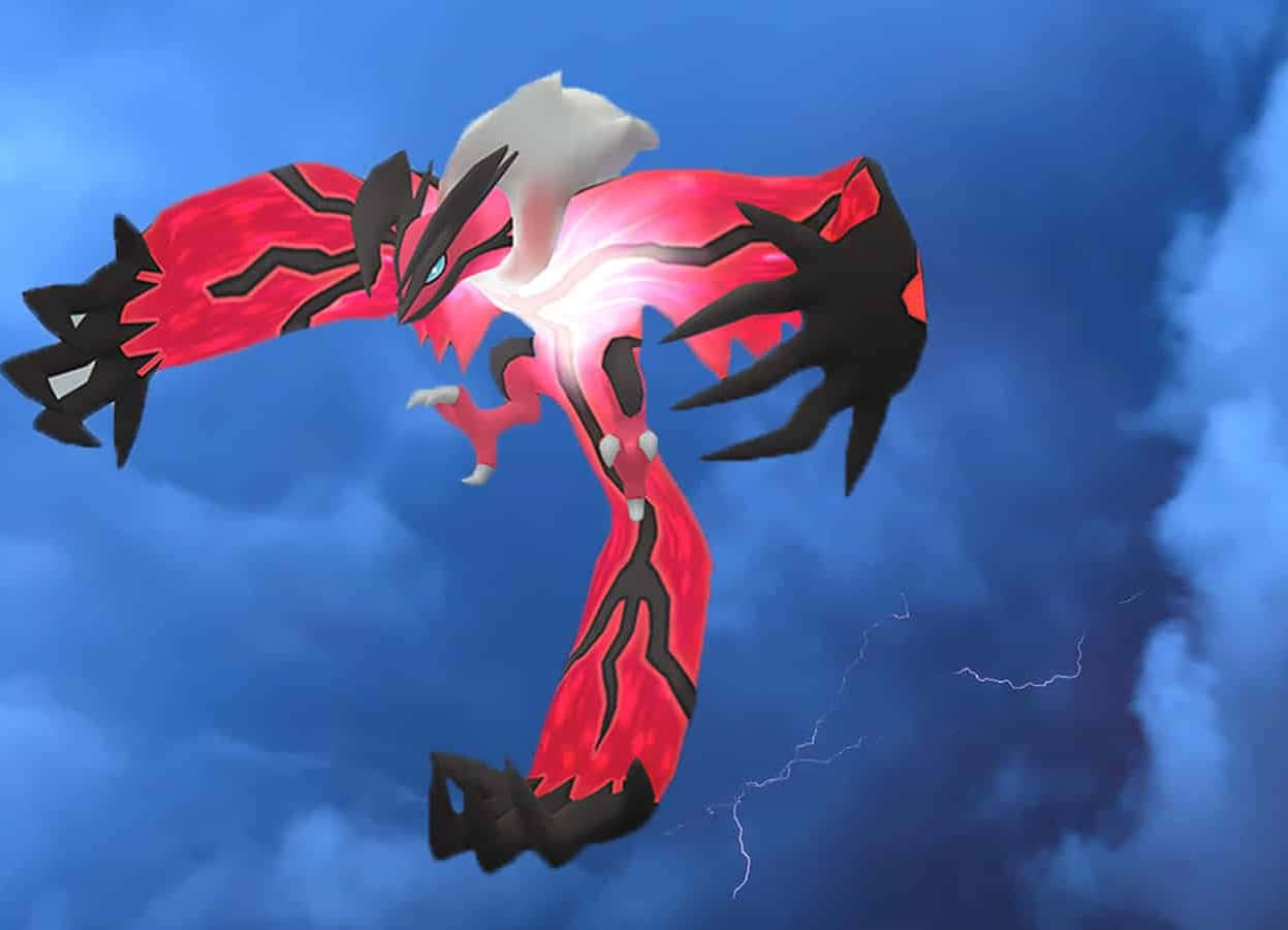 Nintendo 桌布 壁紙 — 一隻火紅與黑色的龍系寶可夢在雷電交加的暴風雨藍天中翱翔。