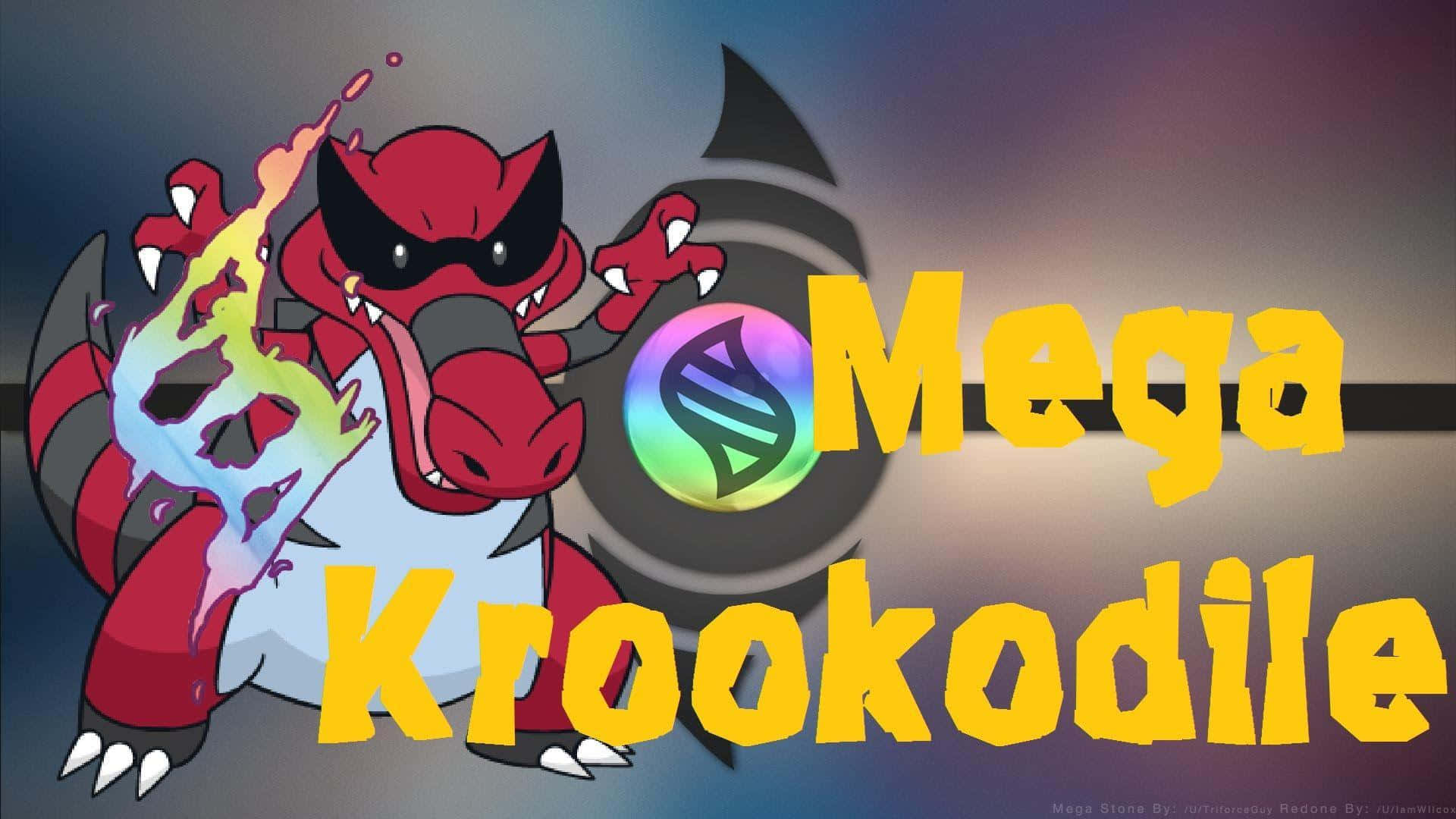 桌布 壁紙 — 一隻火紅色的Mega Krookodile在漸變天空下咆哮，散發著發光的能量，並帶有粗體黃色文字。