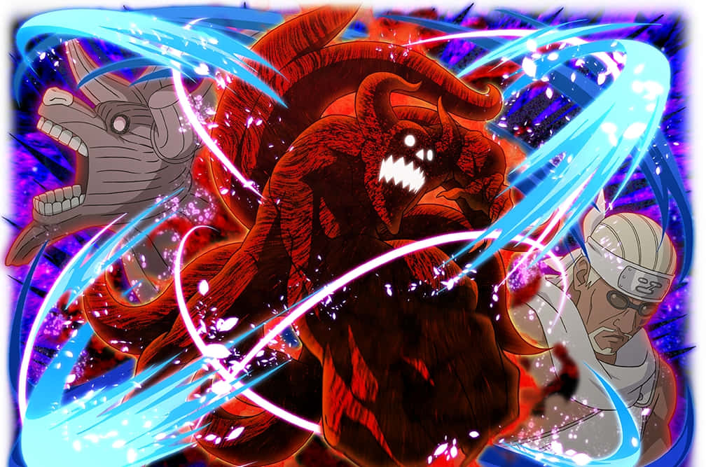 Gyuki 桌布 壁紙 — 一隻火紅色的九尾狐，眼睛發光，與一個戴面具的戰士和一個戴面具的男人在紫色宇宙背景下交鋒，後者揮舞著藍色能量斬擊。
