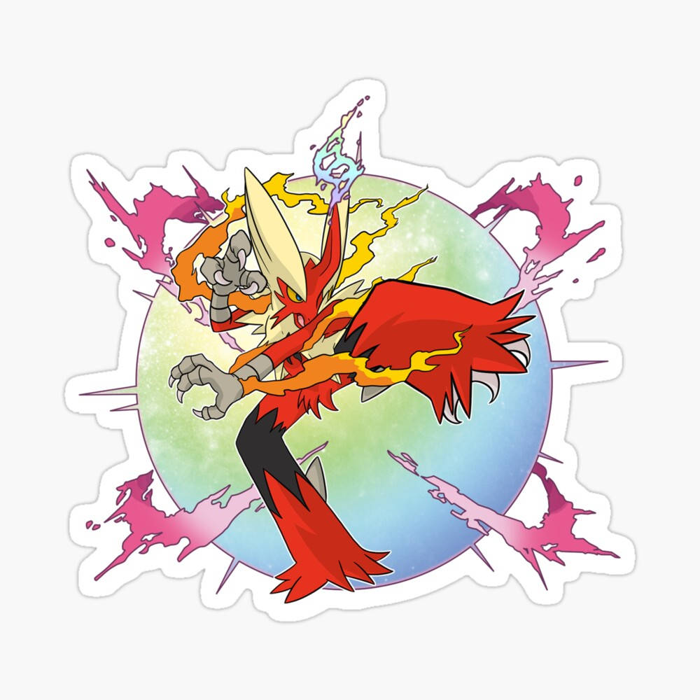 Blaziken 桌布 壁紙 — 一隻火紅色的動漫風格寶可夢，眼睛發光，周圍有動態能量飛濺，背景為漸變球體。