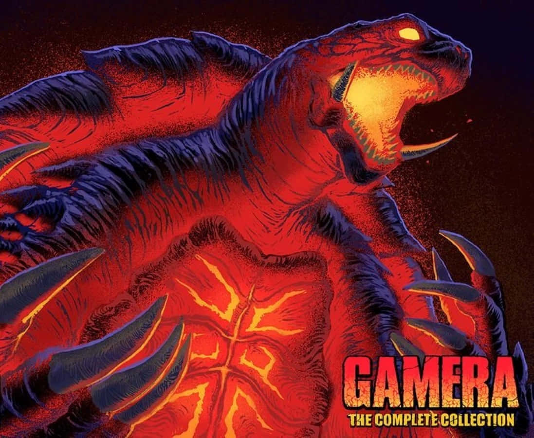 Gamera 桌布 壁紙 — 一隻火紅色的怪物，眼睛發光，利爪鋒利，對著黑暗的背景咆哮。