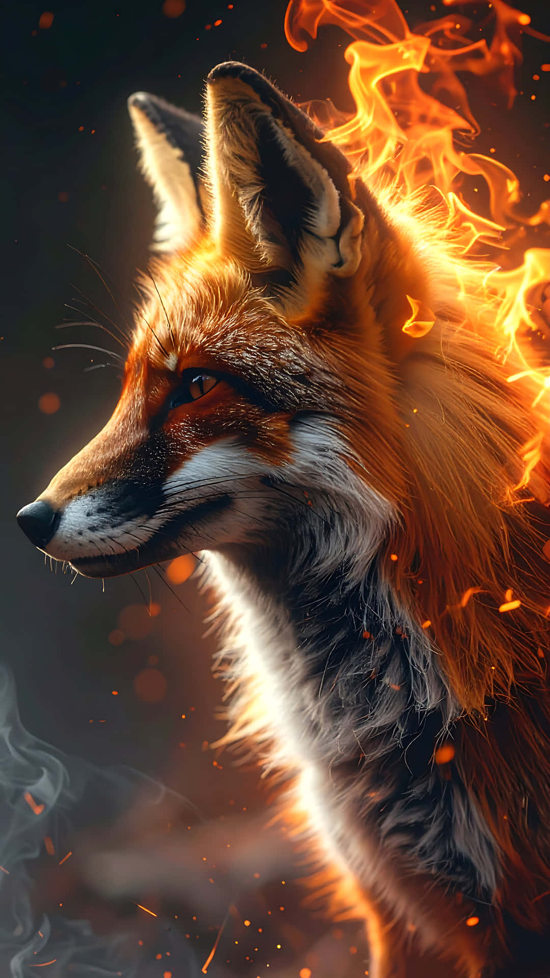Blazing Fox 壁紙 — 一隻火紅色的狐狸，眼睛發光，頭部噴出火焰，背景陰暗煙霧彌漫。