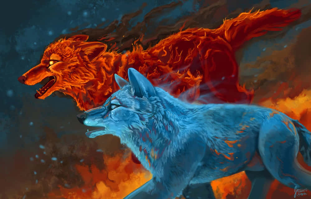 Fire And Ice Wolf 桌布 壁紙 — 一隻火紅色的狼和一隻冰藍色的狼並肩奔馳，穿過橙色和深藍色漩渦般的宇宙風暴。