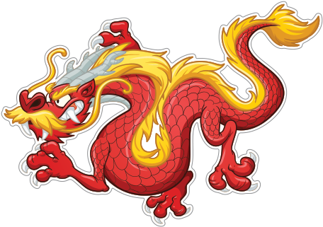 中國龍 桌布 壁紙 — 一隻火紅色的金色卡通龍，擁有鋒利的爪子和兇猛的表情，在黑色背景上以白色輪廓勾勒。