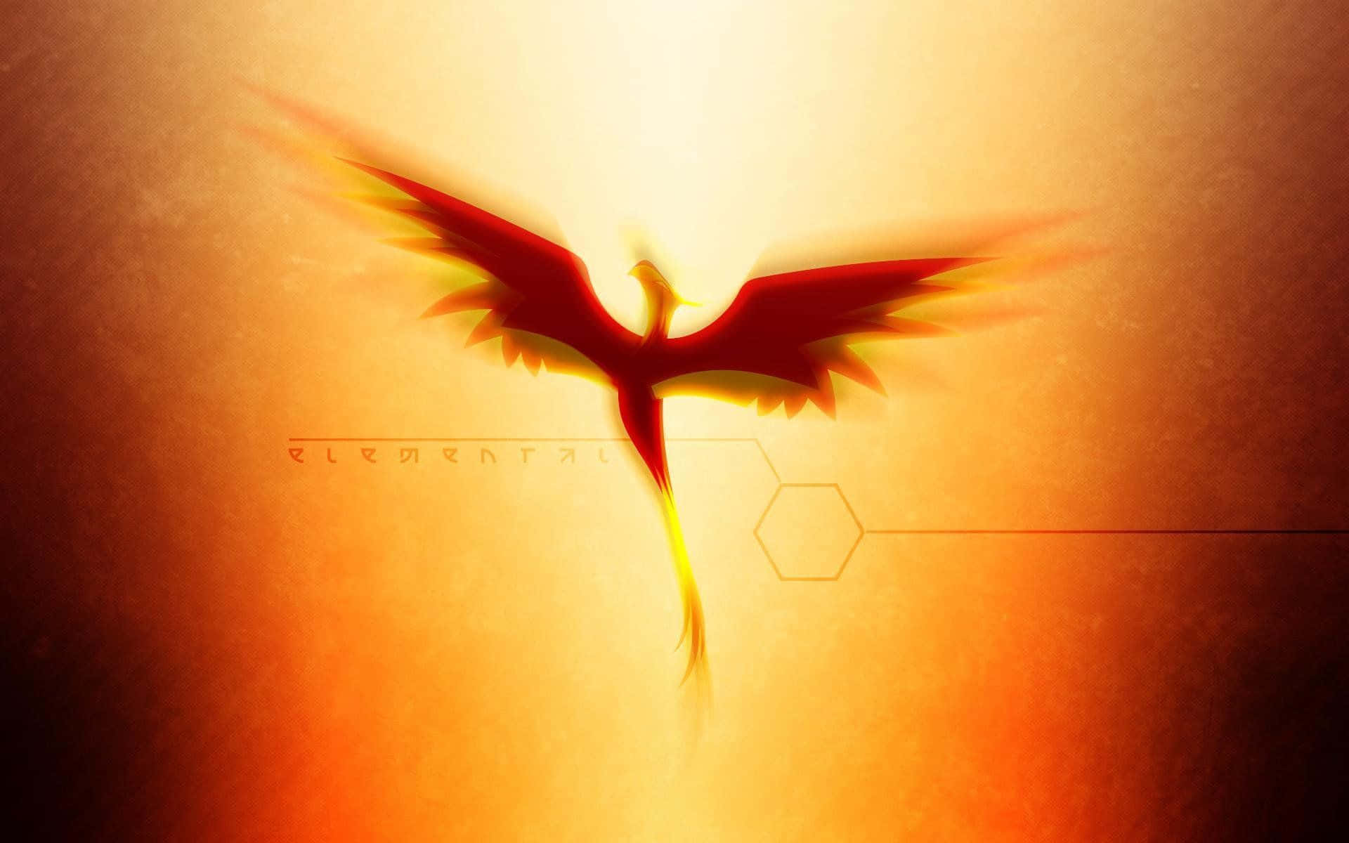 一隻紅色鳳凰剪影在帶有幾何線條的發光橙色漸變中向上飛翔。 — 鳳凰 GIF 壁紙