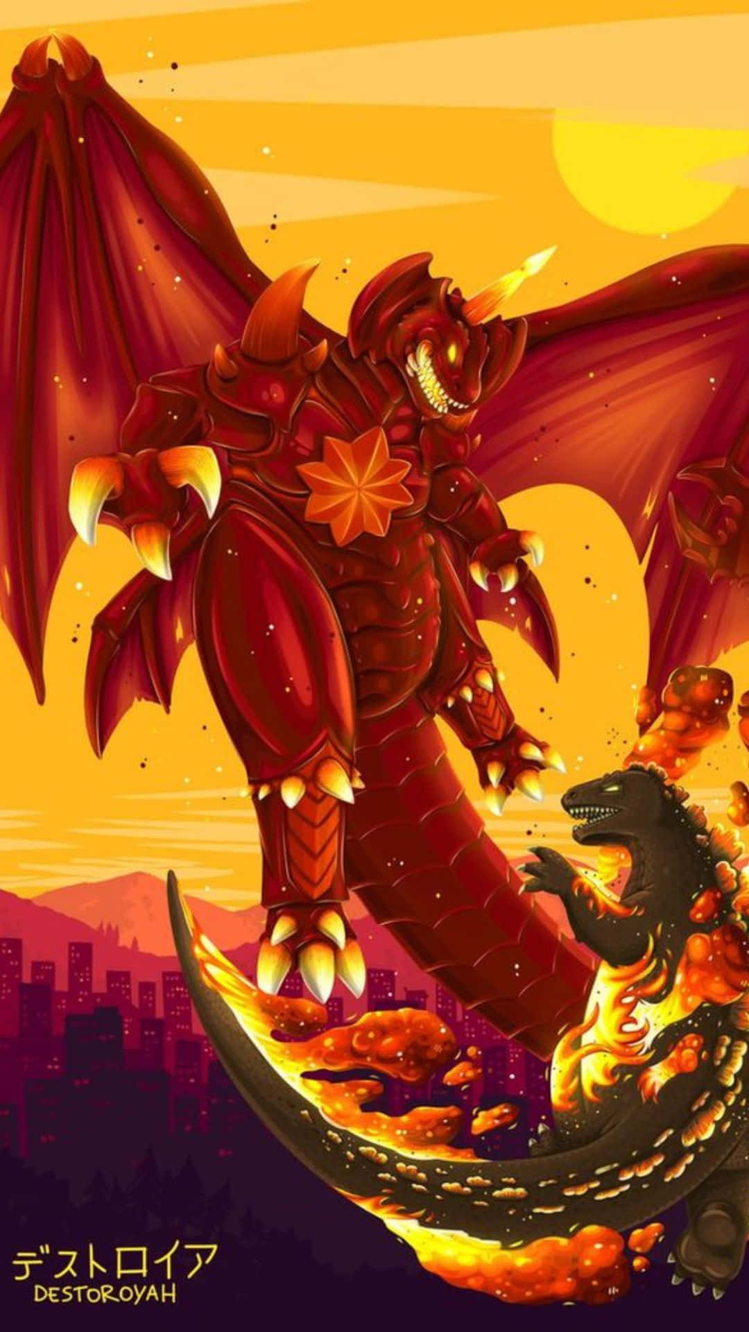 Godzilla Vs Destoroyah 桌布 壁紙 — 一隻火紅色的龍，眼睛和翅膀發光，聳立在燃燒的哥吉拉之上，背景是夕陽下的城市景觀。