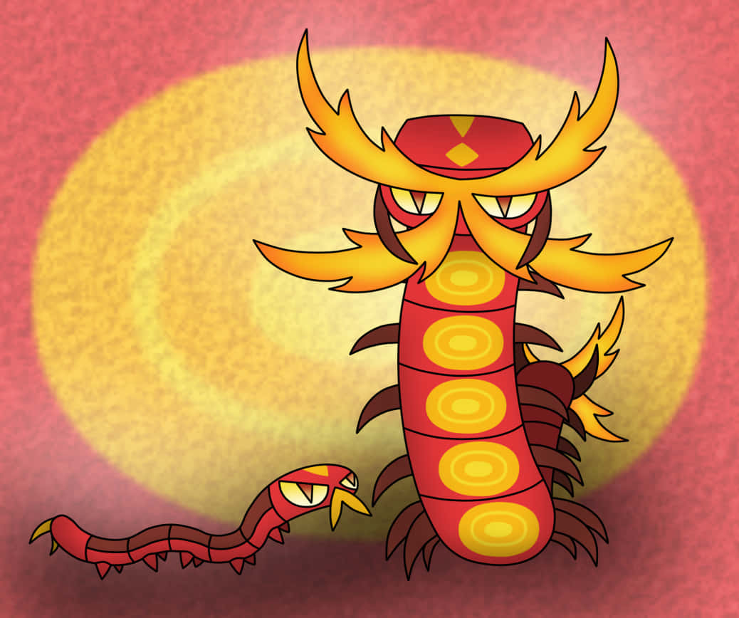 寶可夢 桌布 壁紙 — 一隻火紅黃色卡通蜈蚣，帶有火焰狀觸角，站在發光太陽前，背景為紋理粉紅色。
