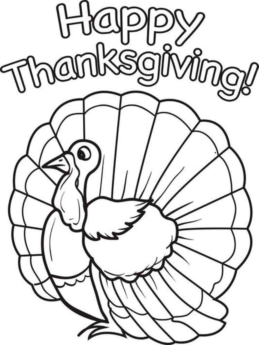 Thanksgiving Coloring 桌布 壁紙 — 一隻火雞展開尾羽的黑白線條畫，下方有「Happy Thanksgiving!」文字