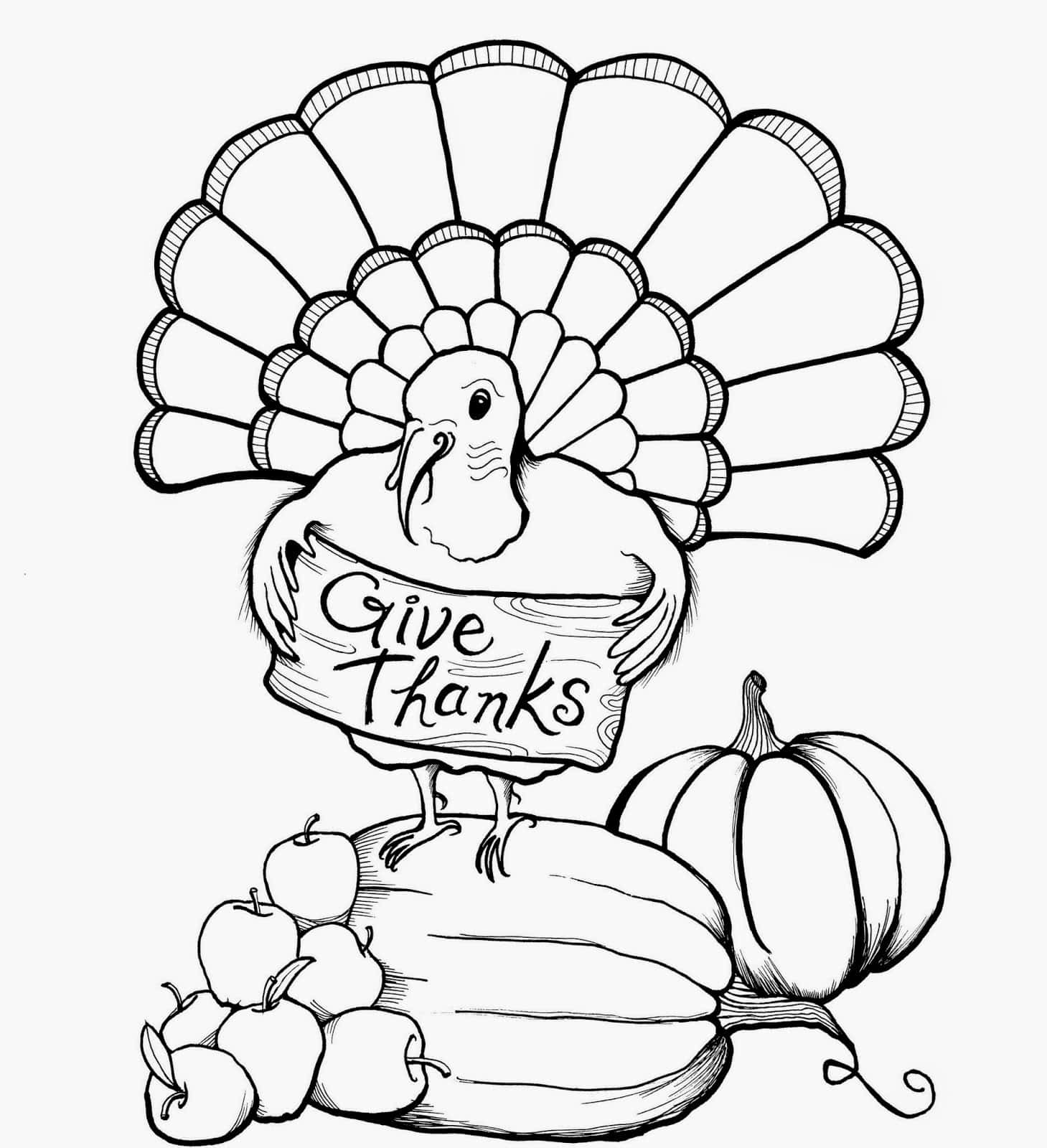 Thanksgiving Coloring 桌布 壁紙 — 一隻火雞拿著寫有「Give Thanks」的標語牌，周圍有南瓜和蘋果的黑白線條畫。