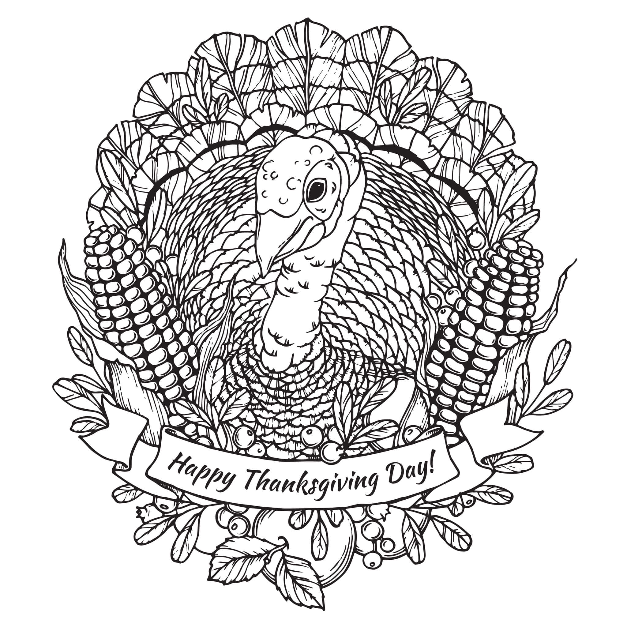 Thanksgiving Coloring 桌布 壁紙 — 一隻火雞被玉米和樹葉包圍的詳細黑白線條畫，上面有一個寫著 Happy Thanksgiving Day 的橫幅。